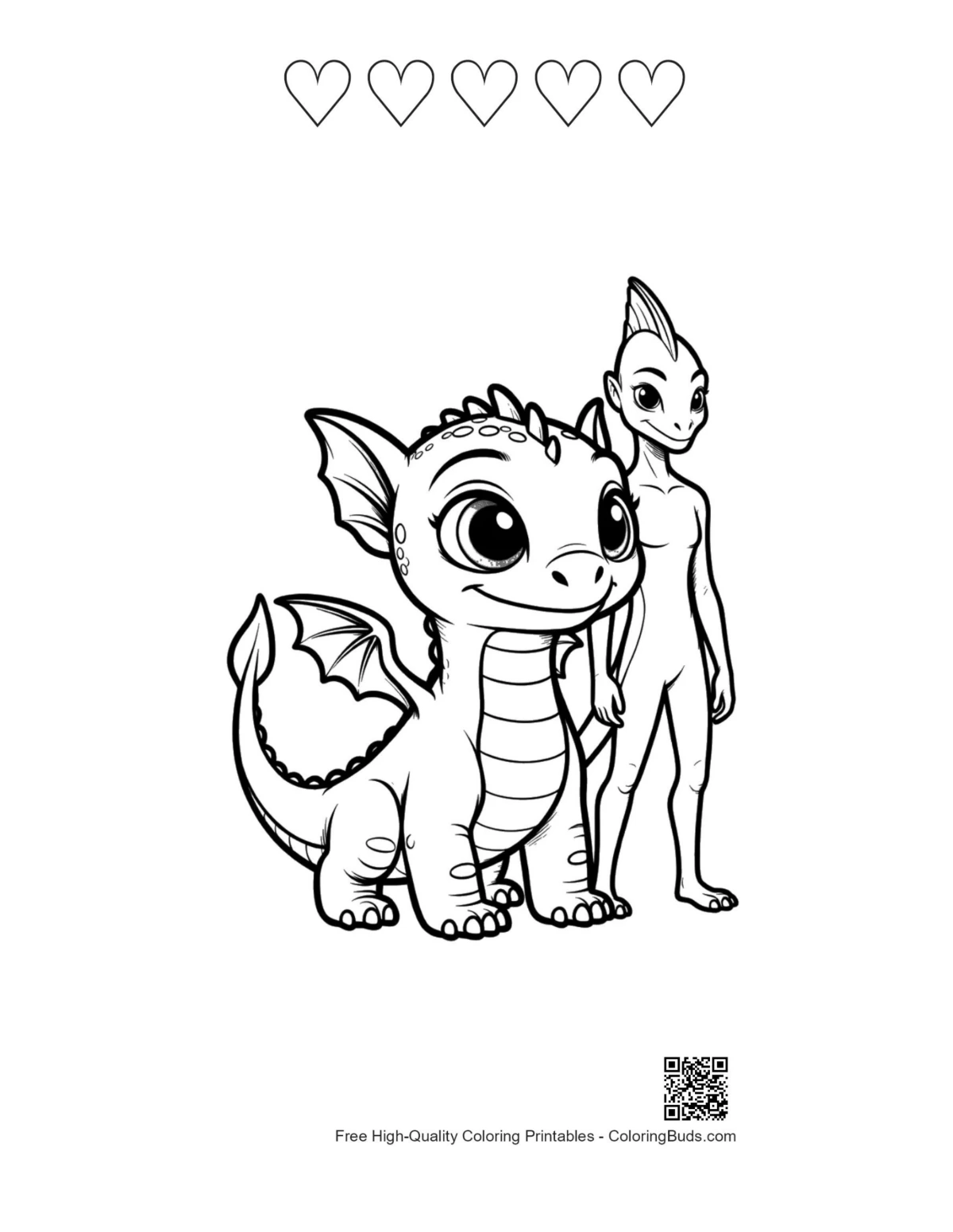 Baby Dragon hearts outline printable