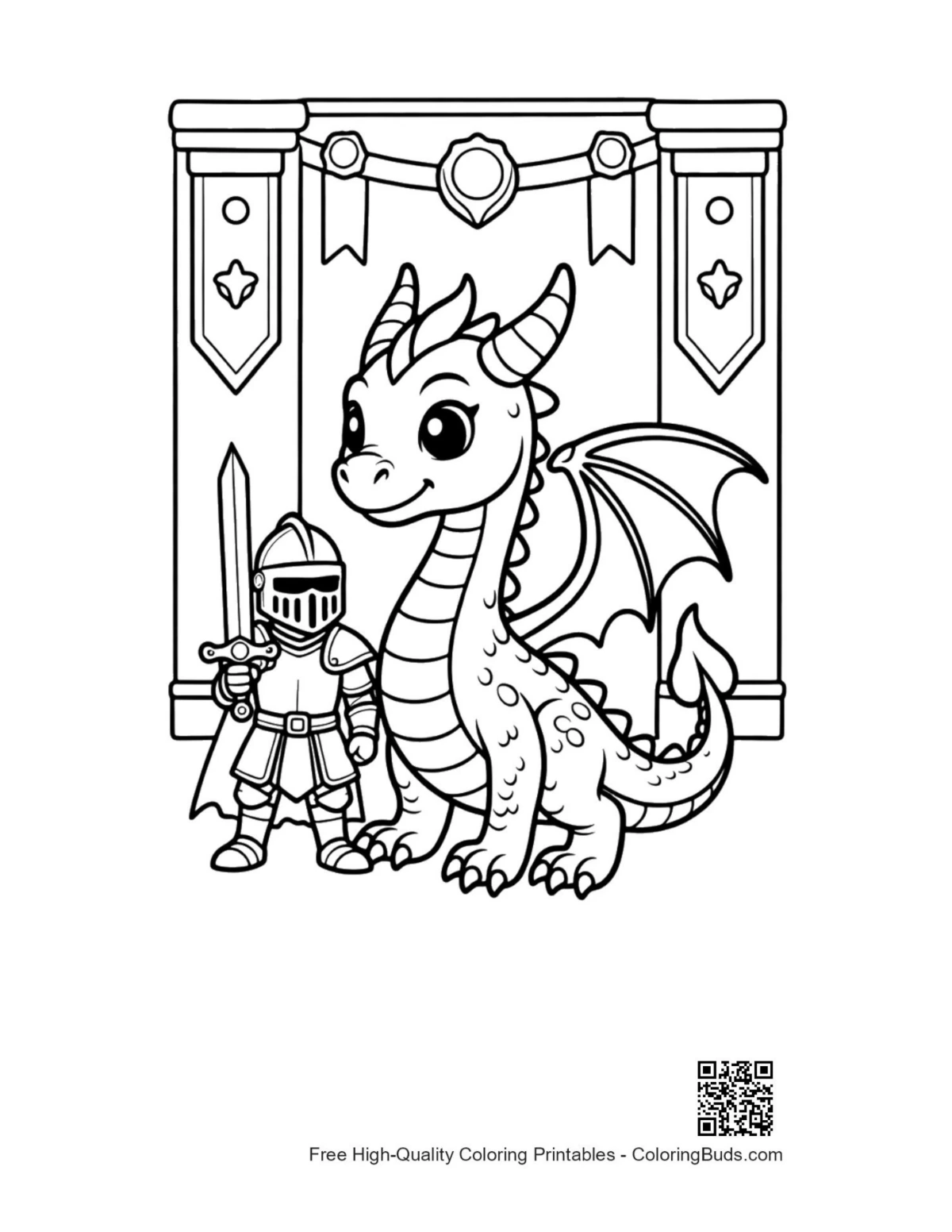 Cute fire dragon knight protector printable coloring page