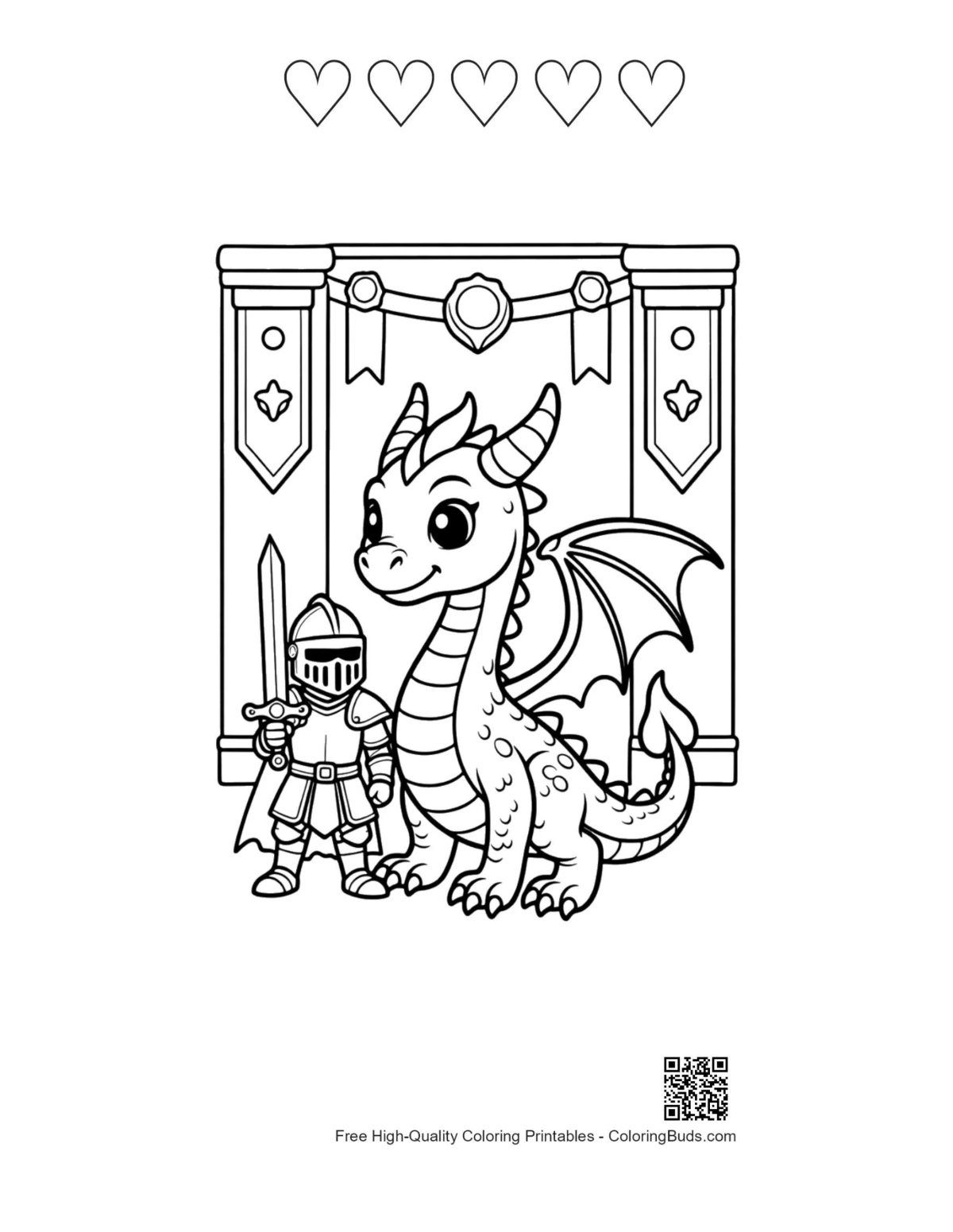 Cute dragon knight 5 heart outline printable coloring