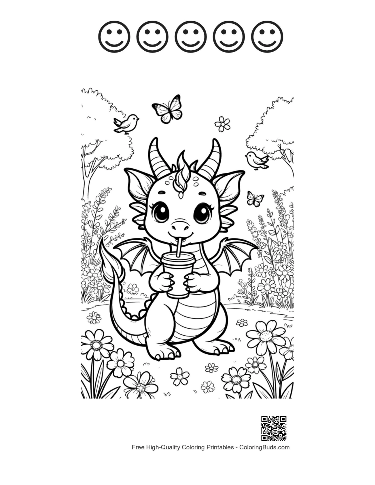 Fire dragon printable with 5 happy faces outlines