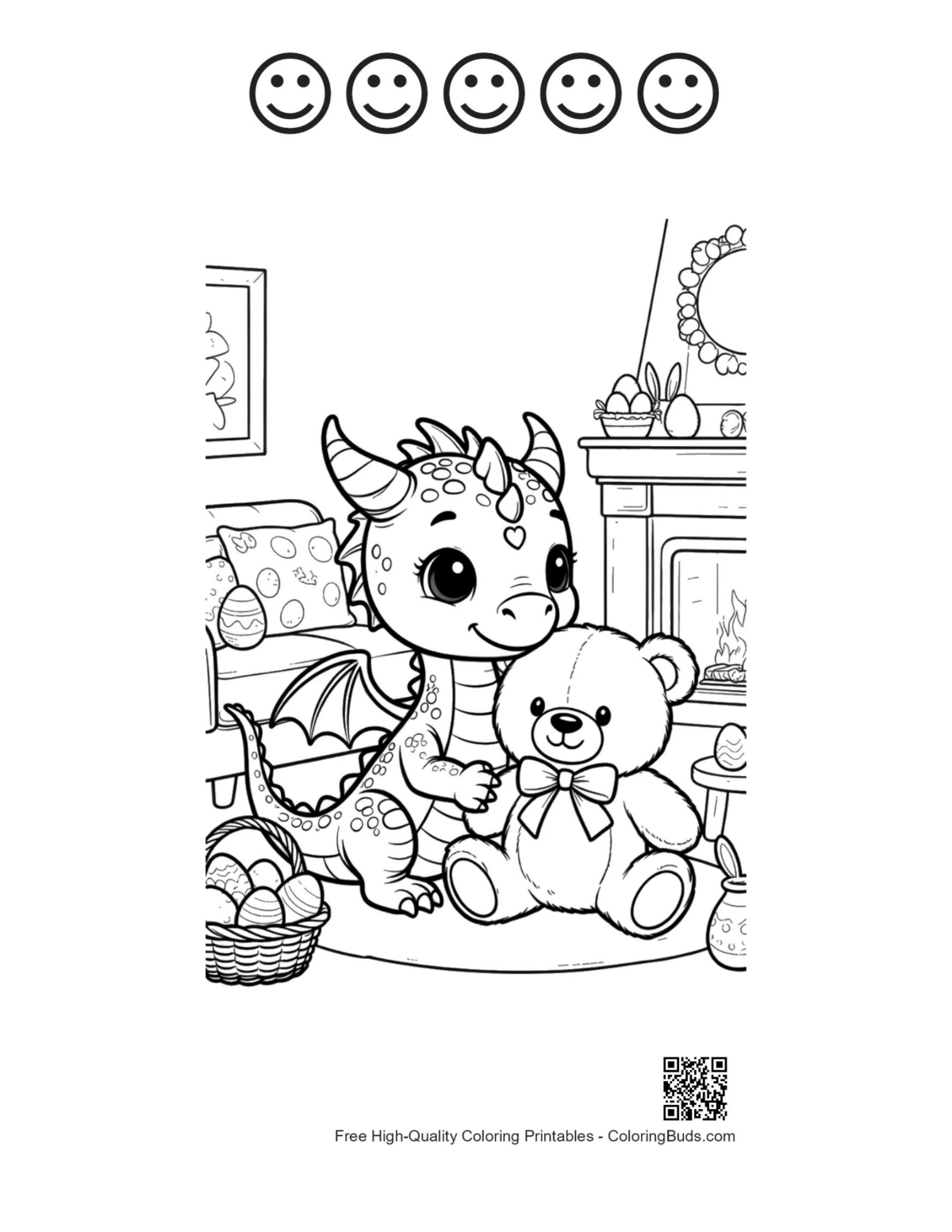 Cute Baby Dragon teddy bear with 5 star outlines printable