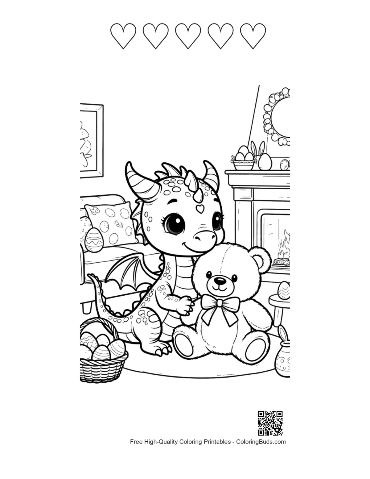 Cute Baby Dragon teddy bear printable with 5 hearts