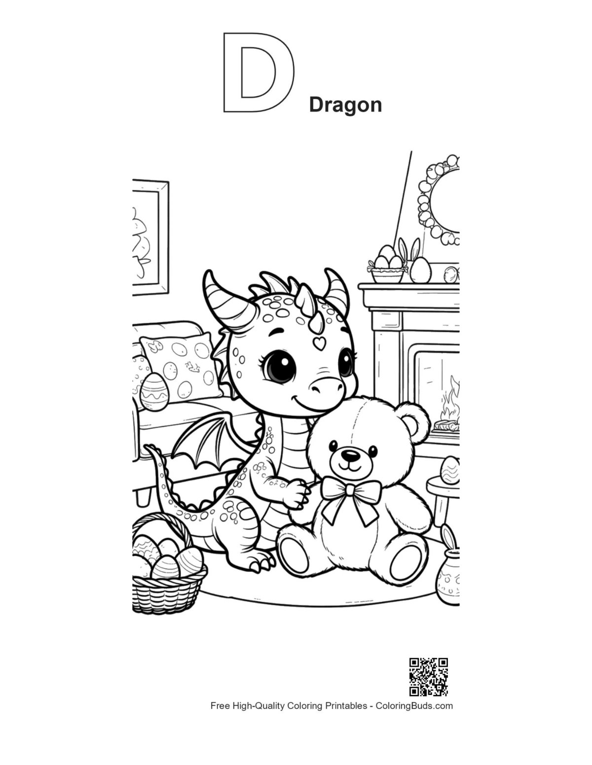 Baby Dragon teddy bear coloring page with D outline