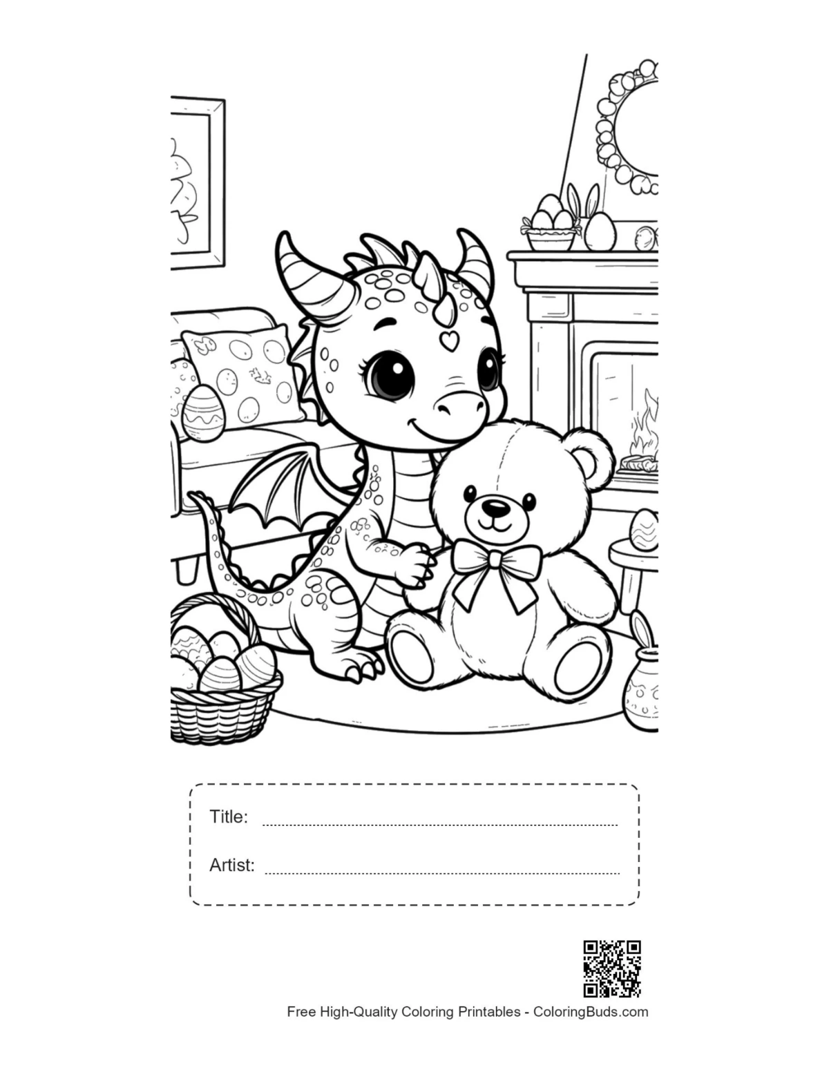 Cute Baby Dragon teddy bear printable with title box