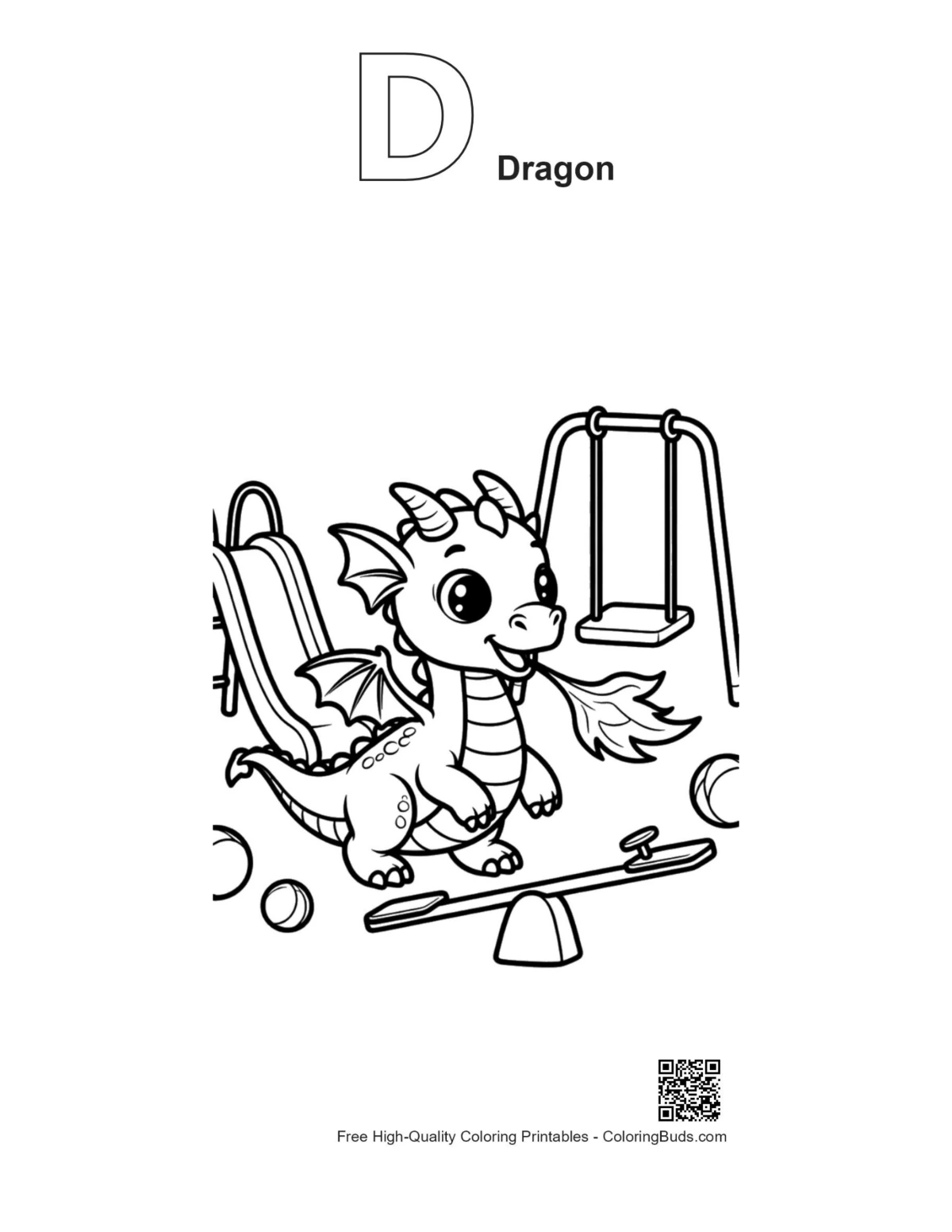 Baby Dragon seesaw with alphabet D outline printable