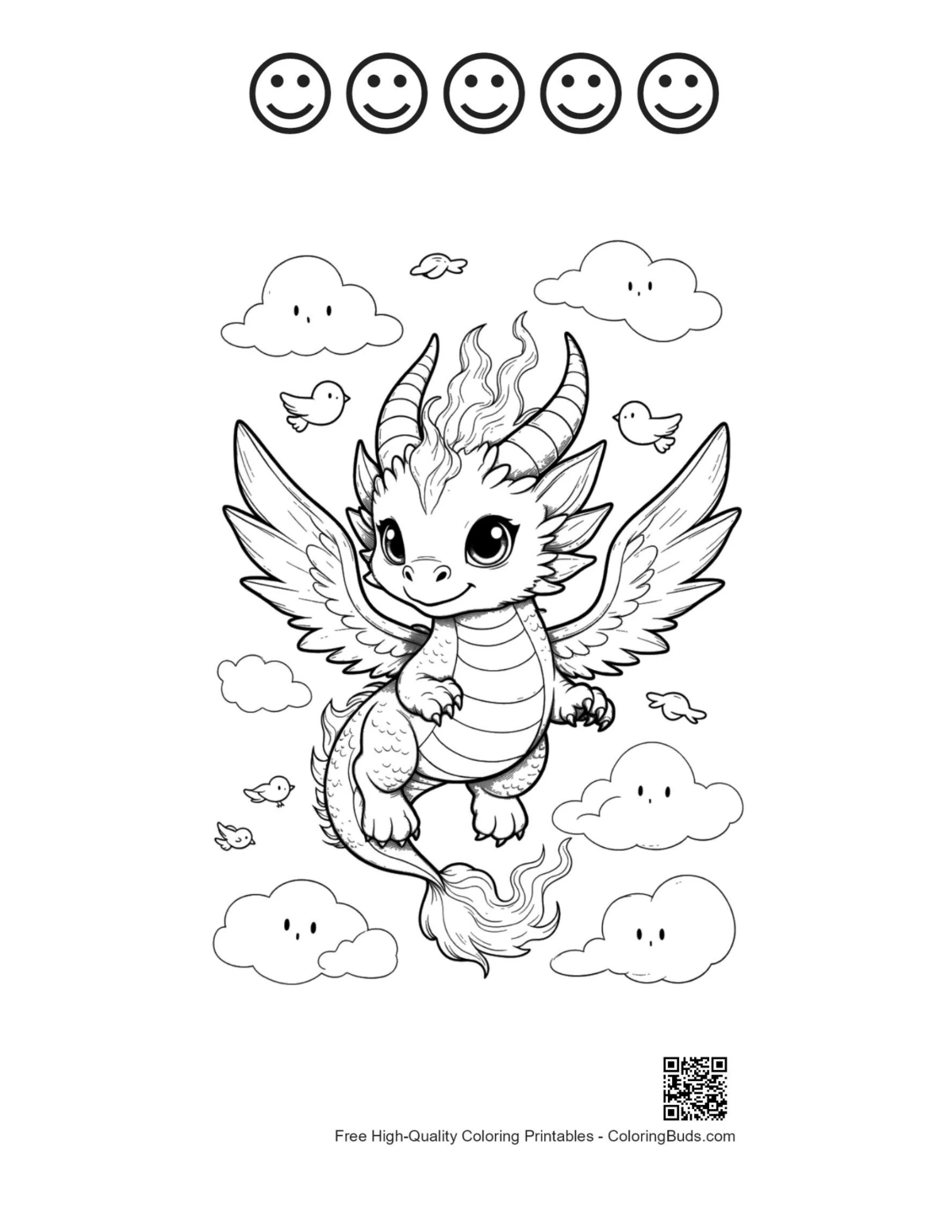 Fire dragon printable with 5 happy faces outline