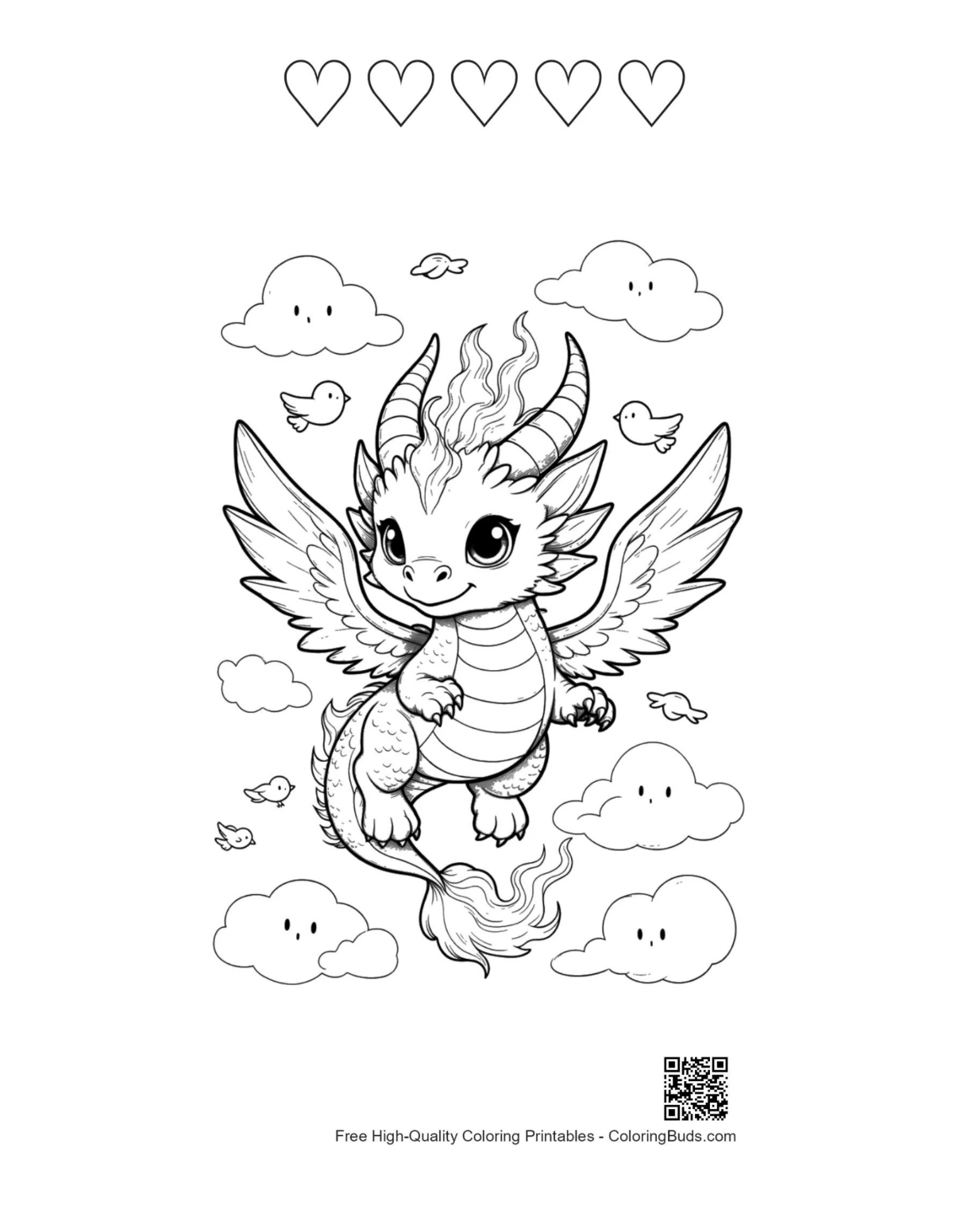 Cute fire dragon with hearts printable coloring sheet