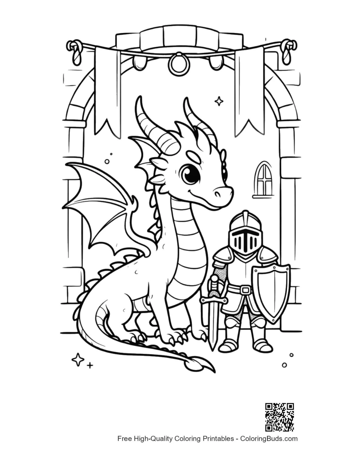 Cute fire dragon chatting with small knight printable