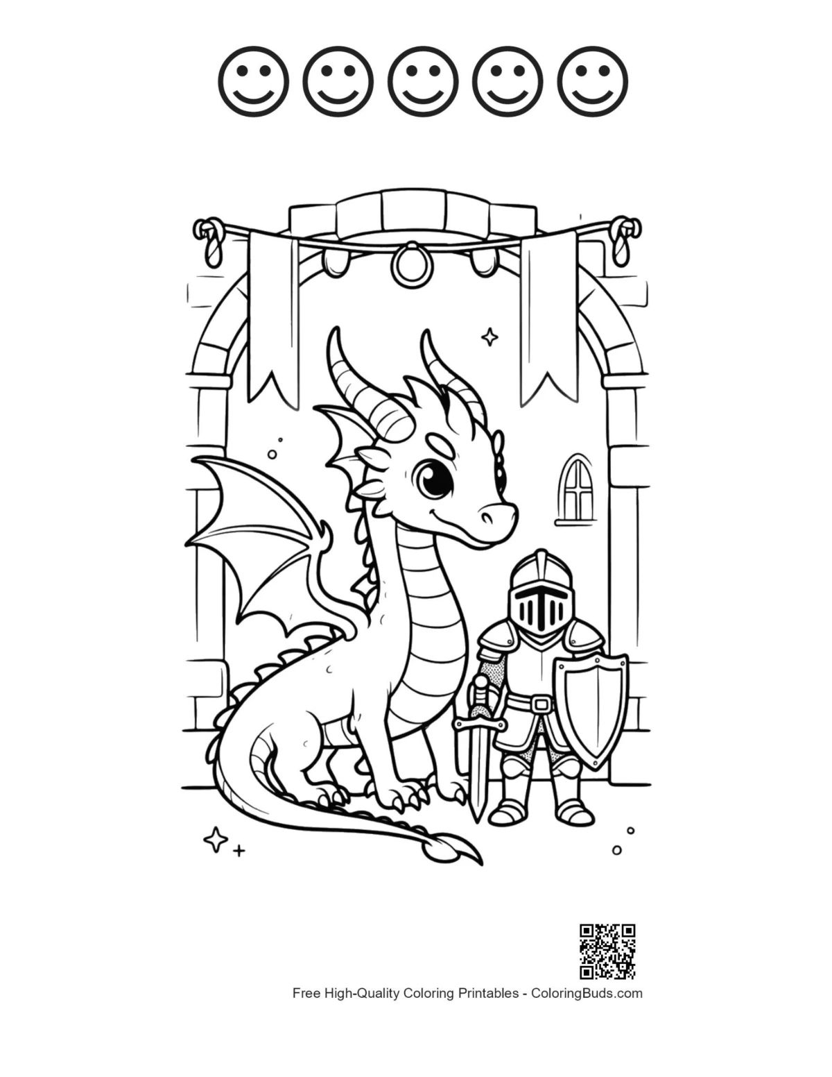 Dragon and knight printable with 5 happy faces