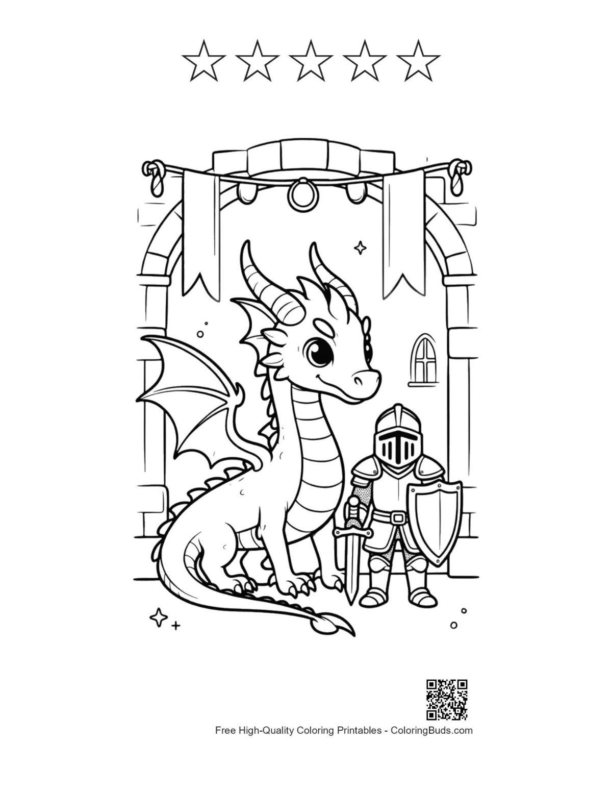 Cute dragon knight with 5-star outline printable