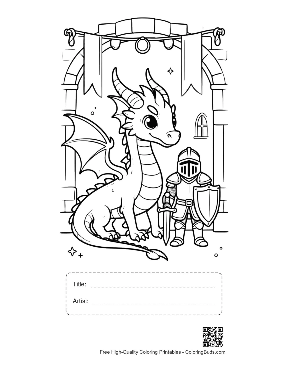 Cute fire dragon and knight printable with title box