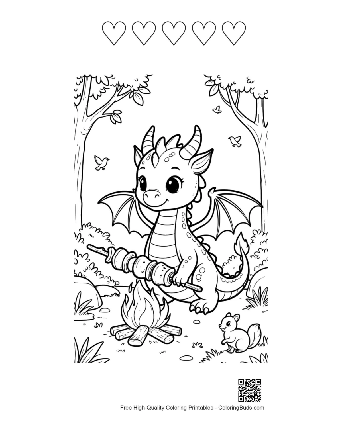 Cute fire dragon with 5 hearts coloring printable
