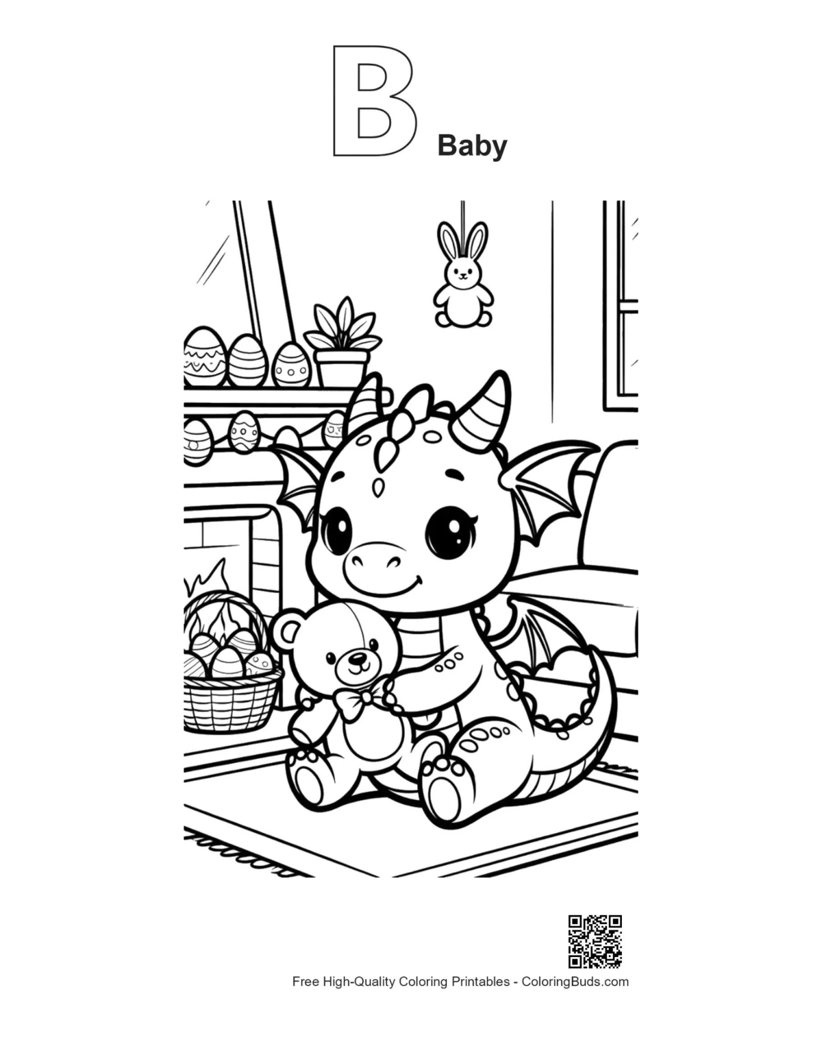 Baby dragon outline with Alphabet B for kids printable
