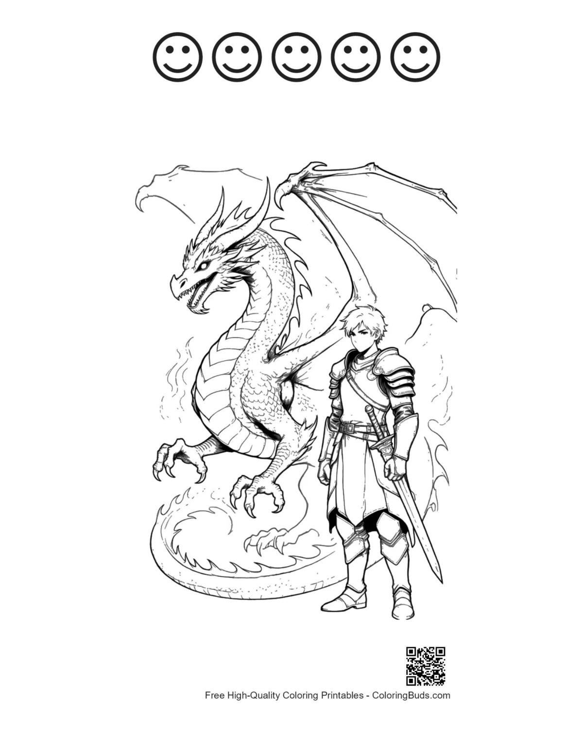 Fire dragon knight sketch with 5 happy faces printable