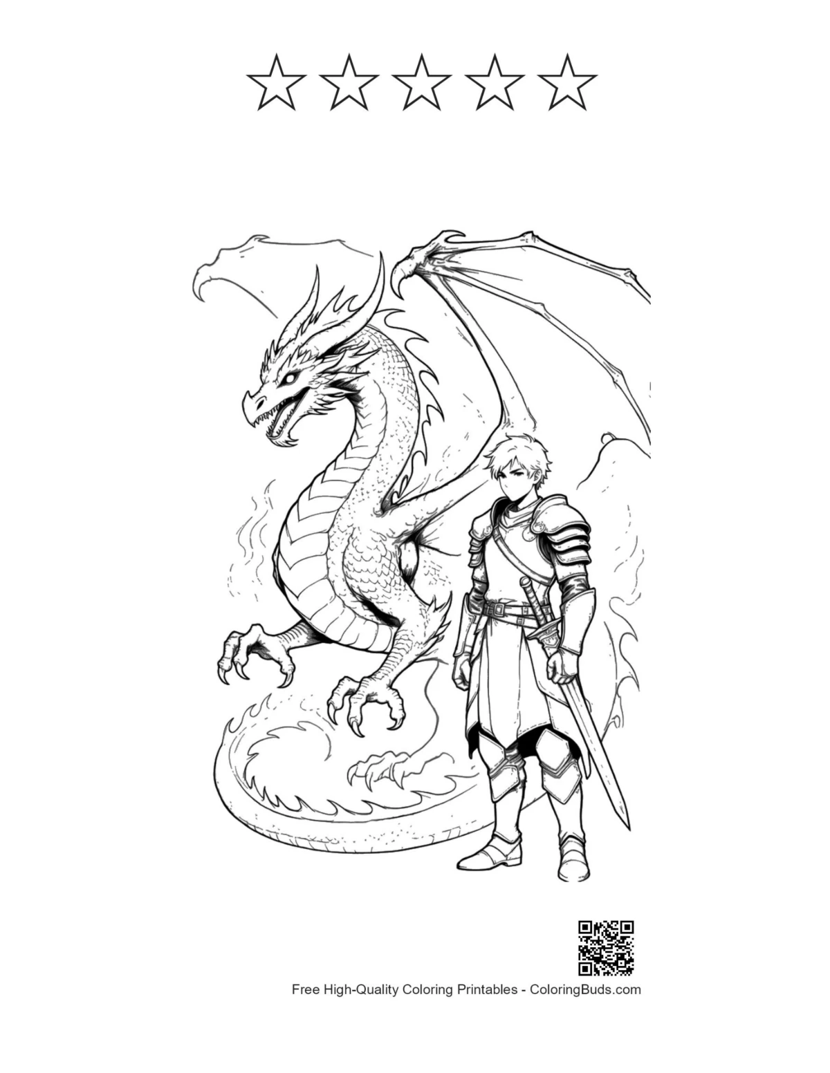 Fire dragon knight printable with 5-star outlines