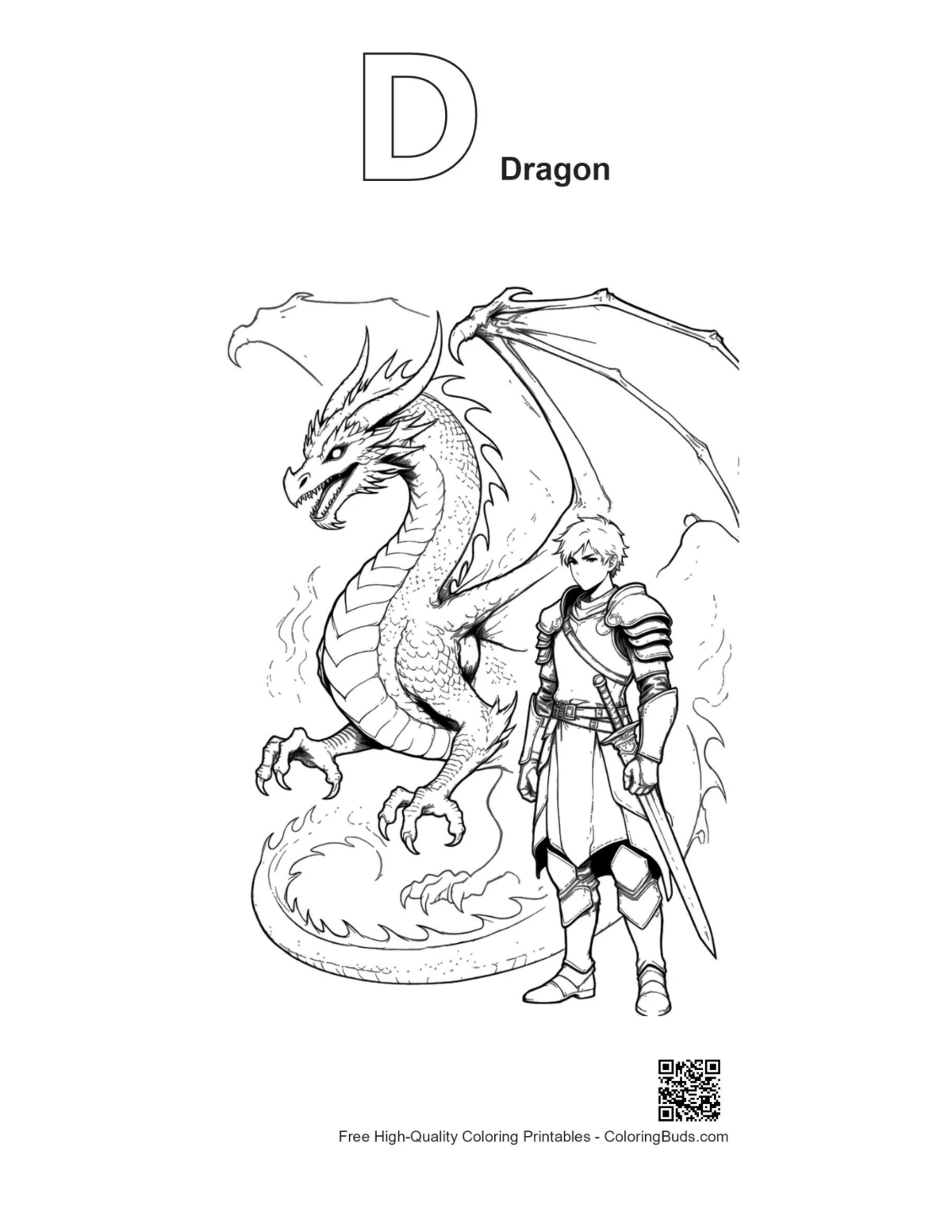 Fire dragon knight sketch alphabet D outline printable