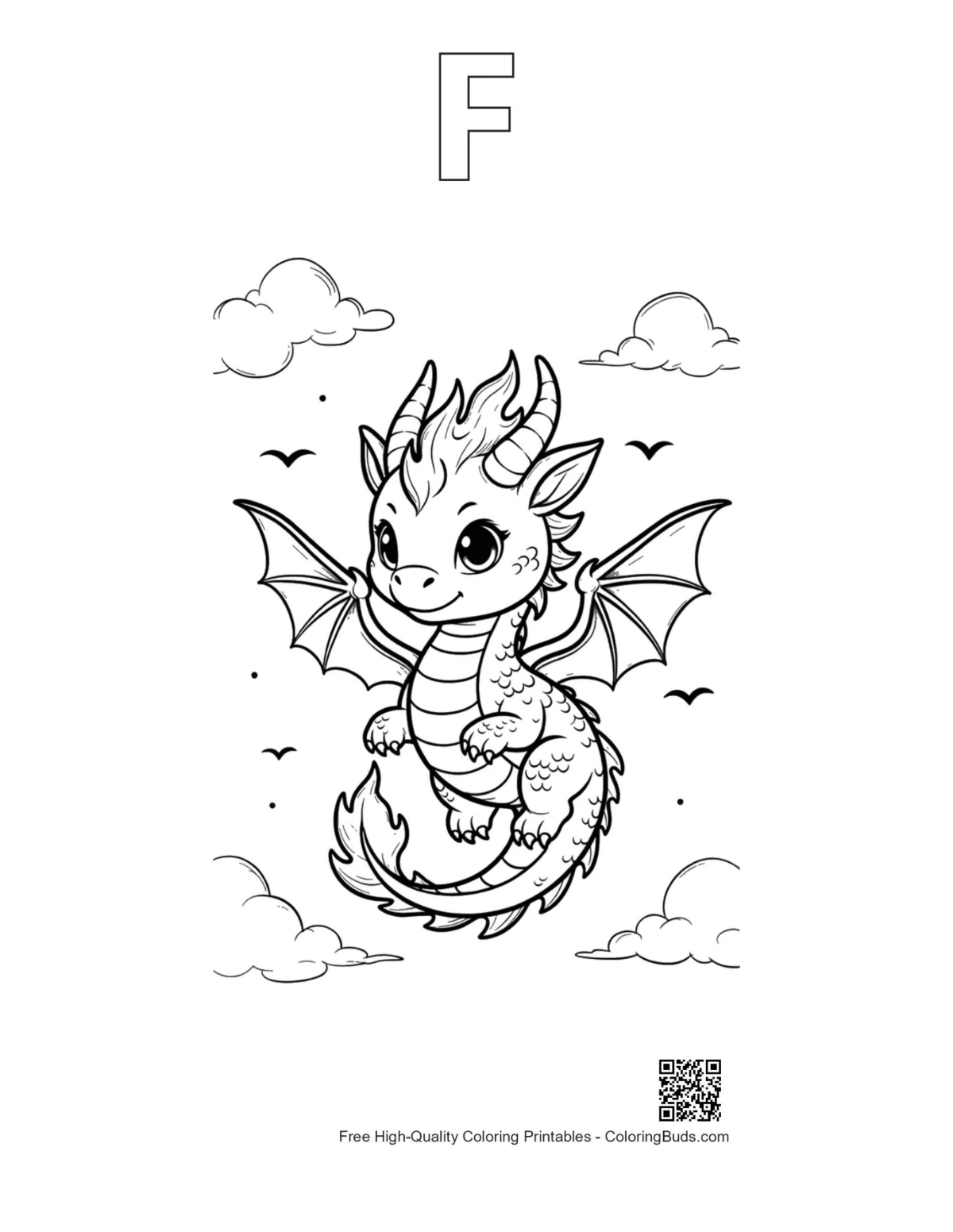 Fire dragon outline alphabet F printable