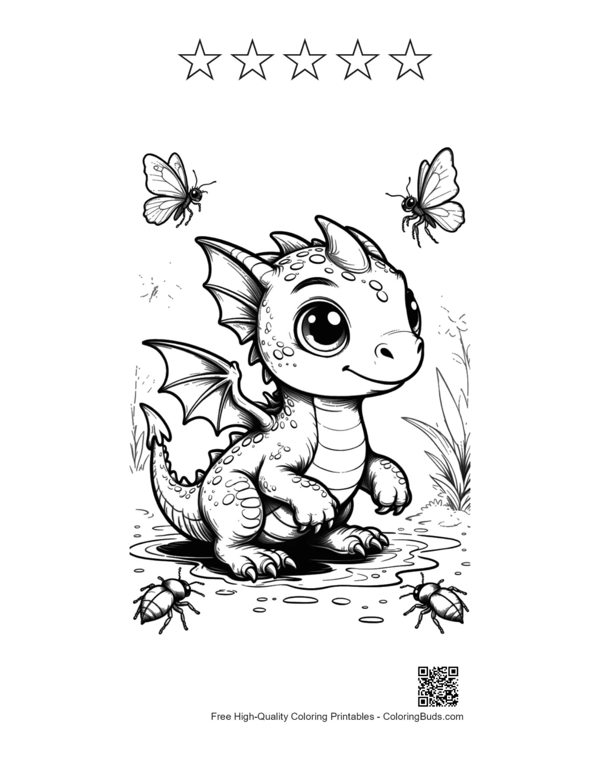 Baby Dragon with 5 happy faces coloring sheet