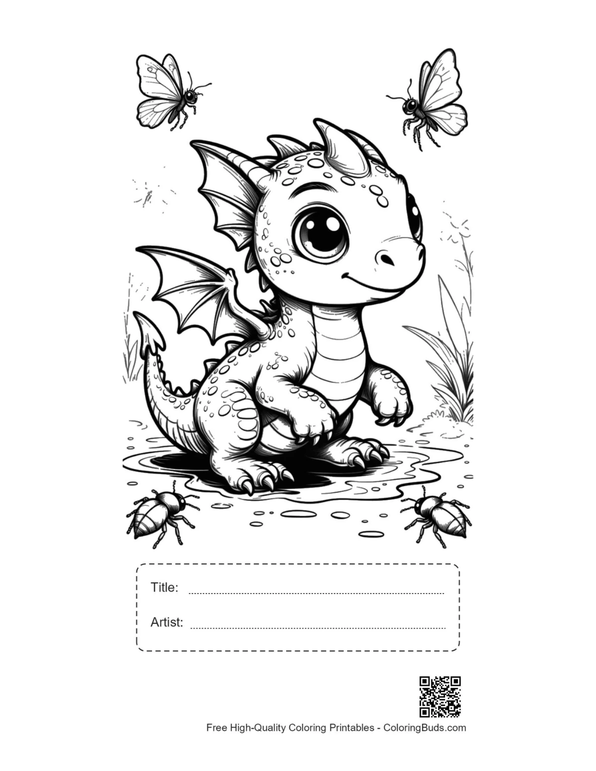 Printable Baby Dragon coloring with title box
