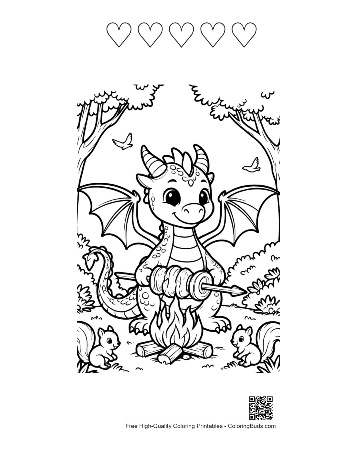 Fire dragon with 5 heart outlines coloring printable