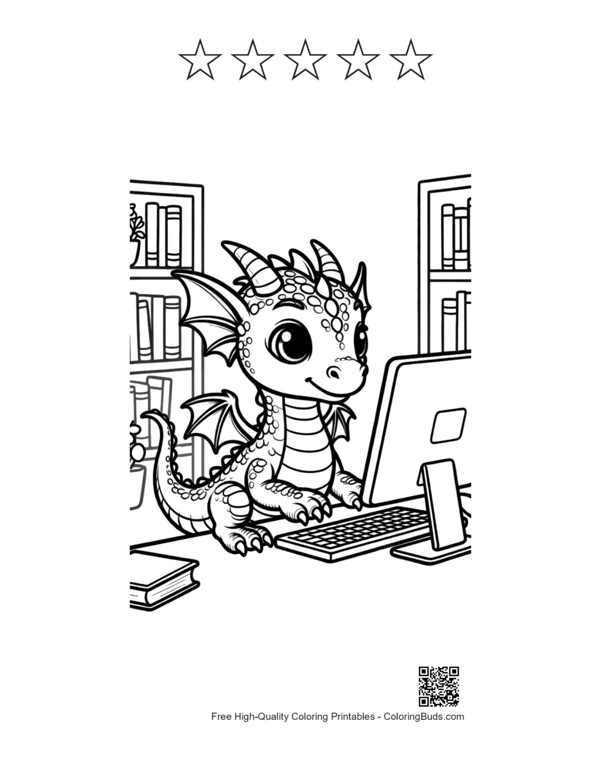 Genius Baby Dragon with PC and star outlines printable