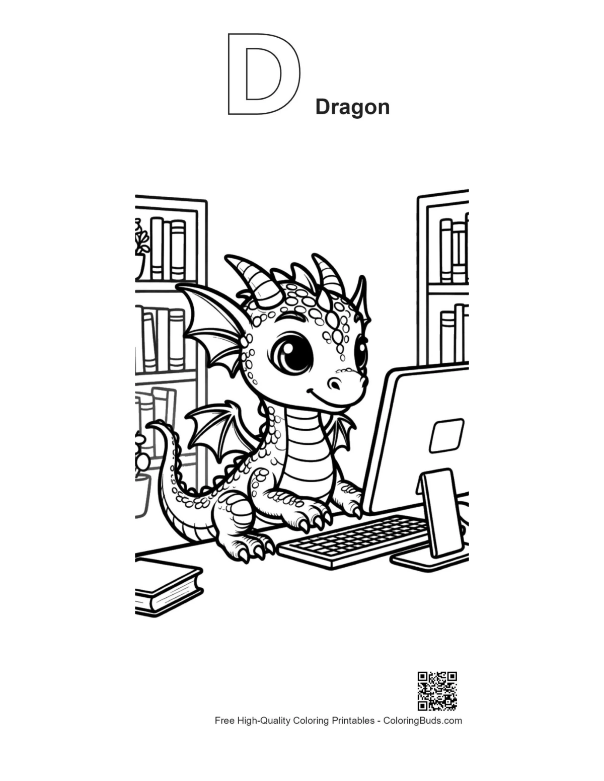 Baby Dragon PC printable with D alphabet outline
