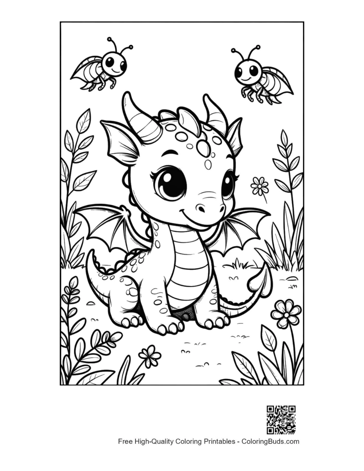 Cute happy baby dragon among spring flowers printable