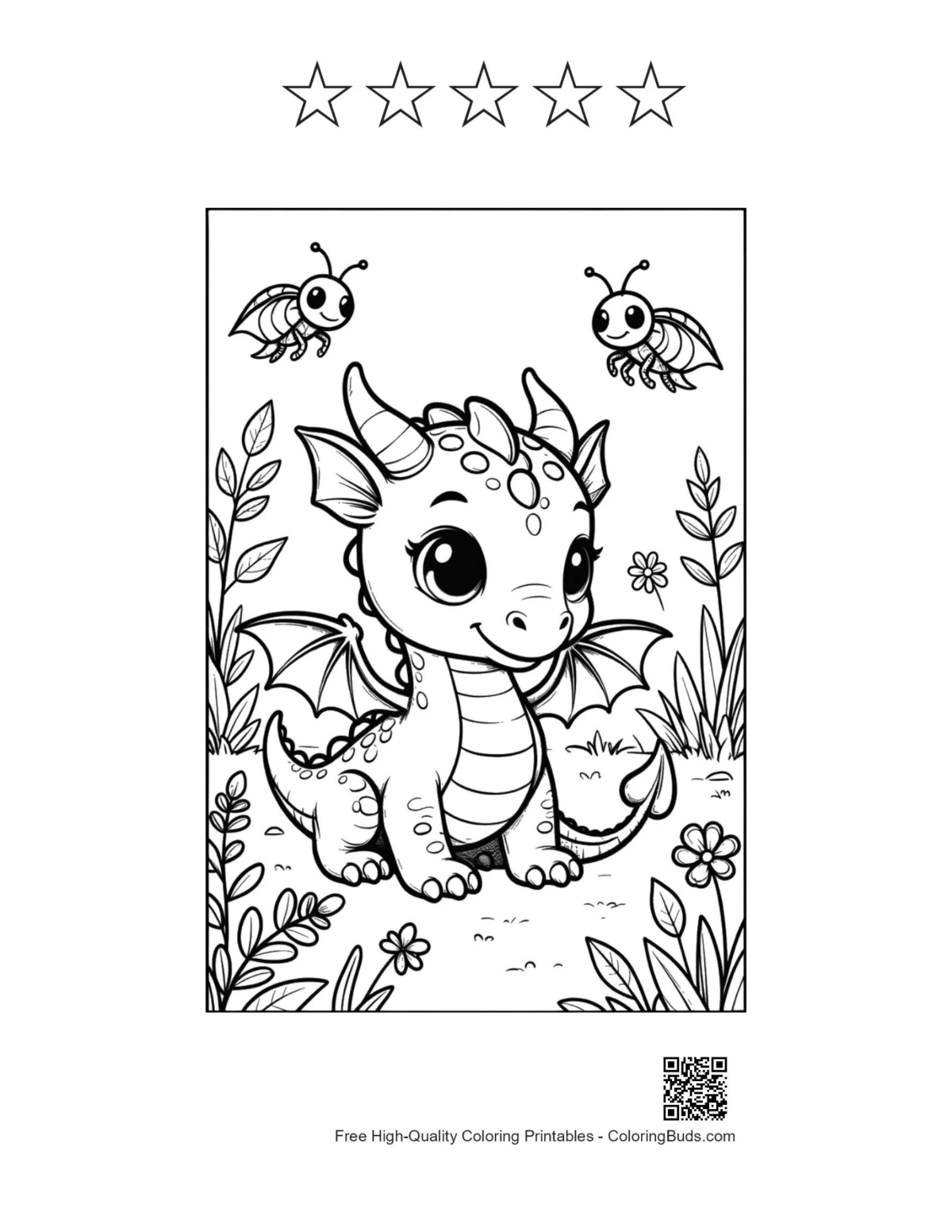 Cute baby dragon printable featuring 5 stars outline