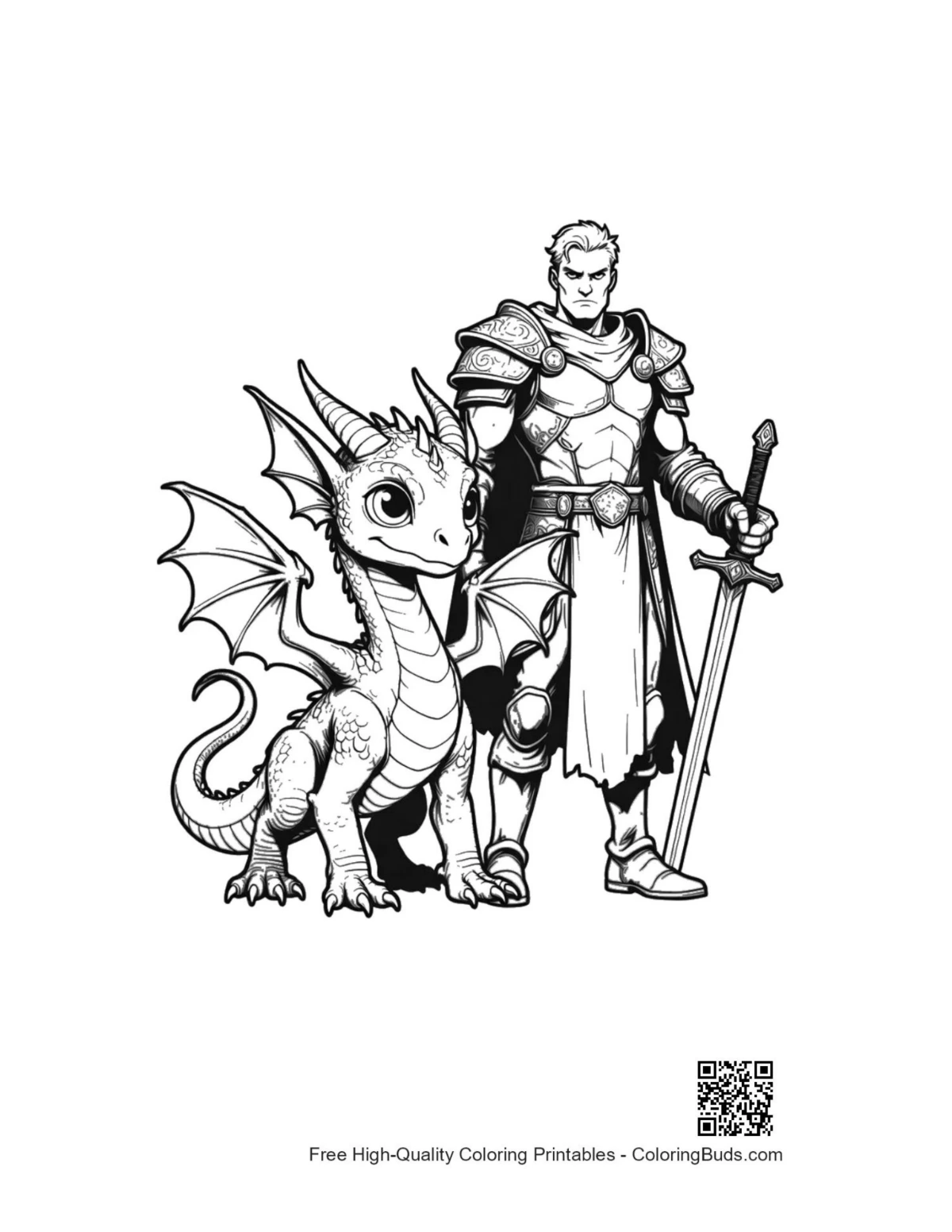 Knight and baby dragon line art printable