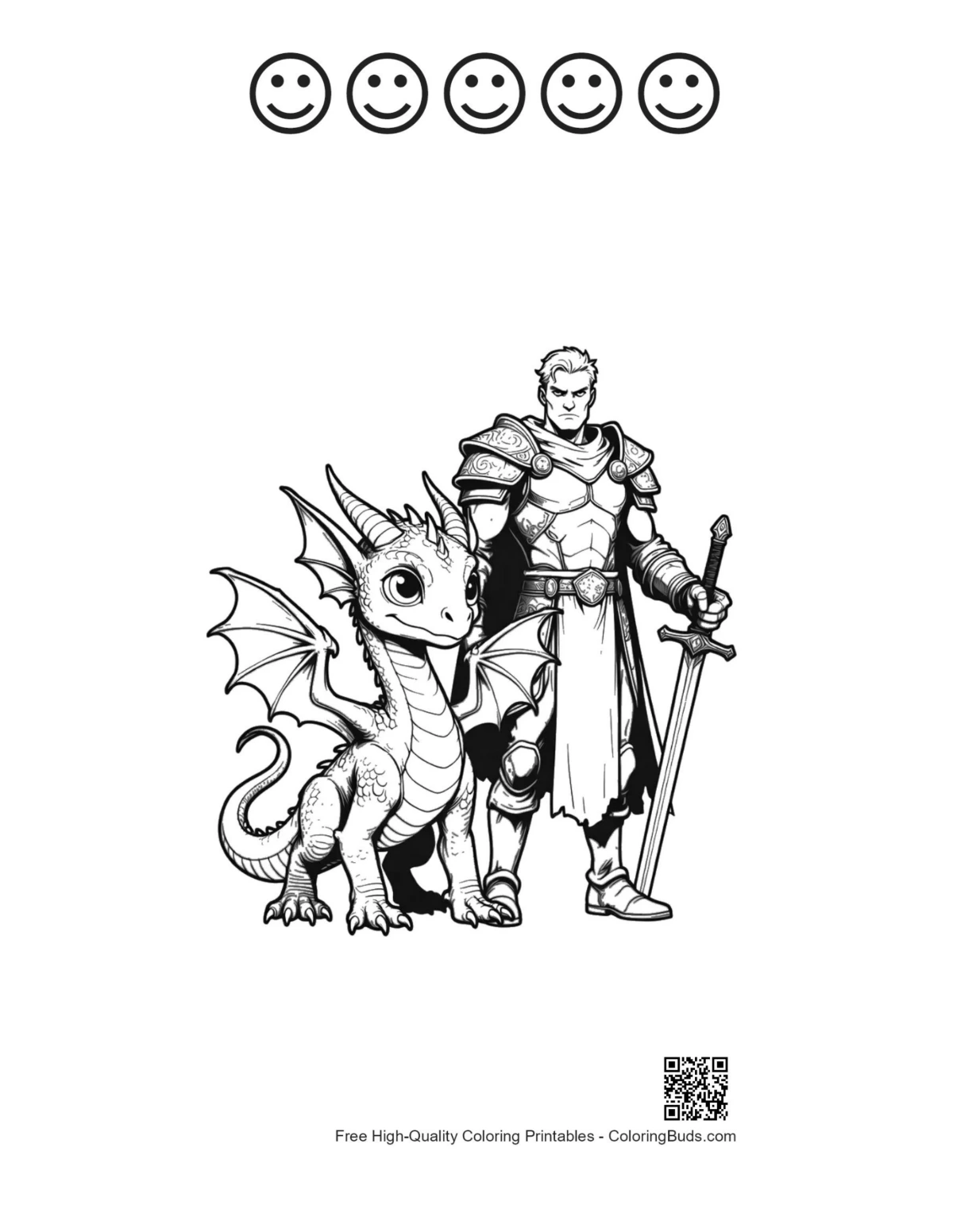Printable knight dragon with happy faces line art