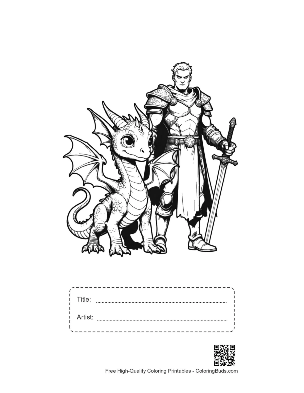 Printable knight baby dragon coloring with title box