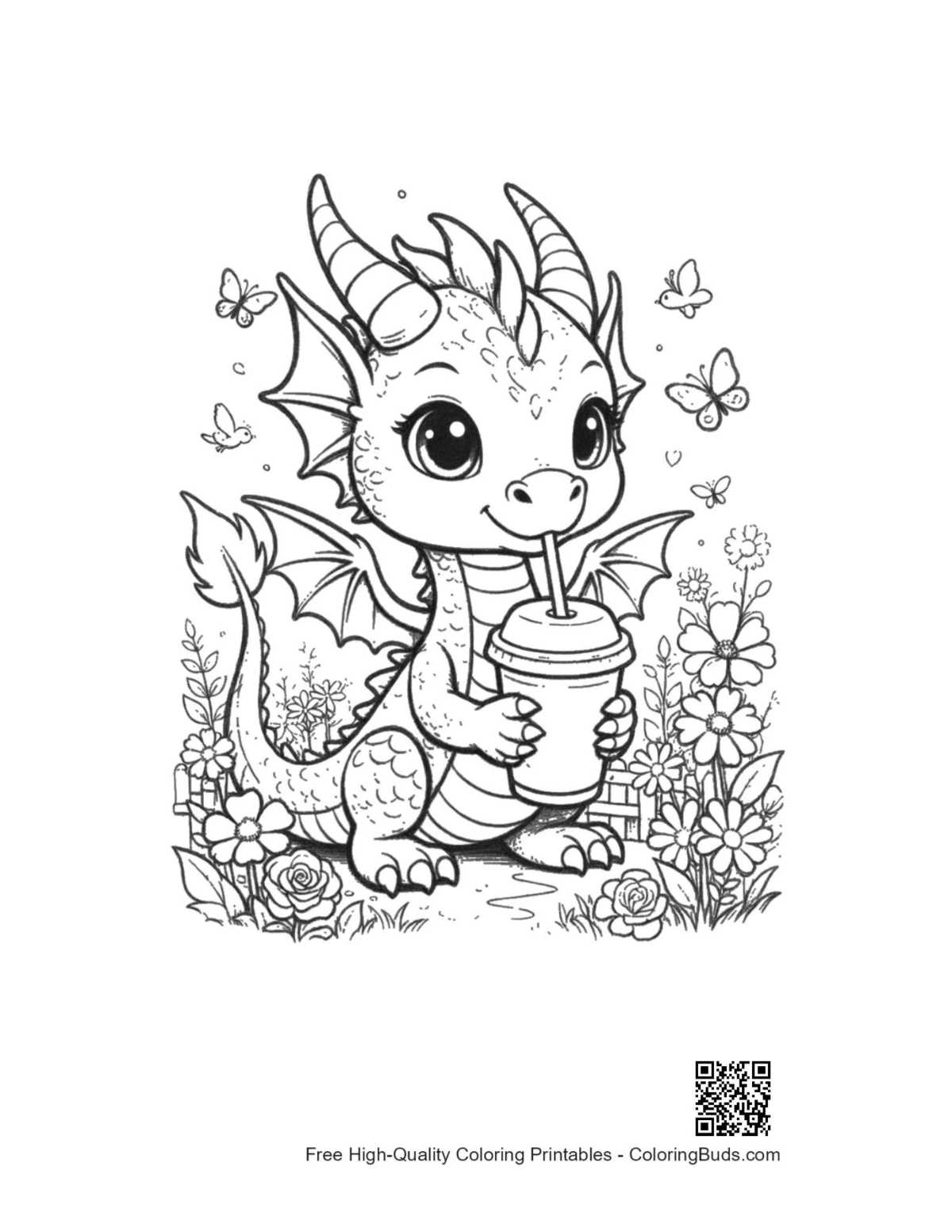 Cute little fire dragon sipping tropical smoothie printable