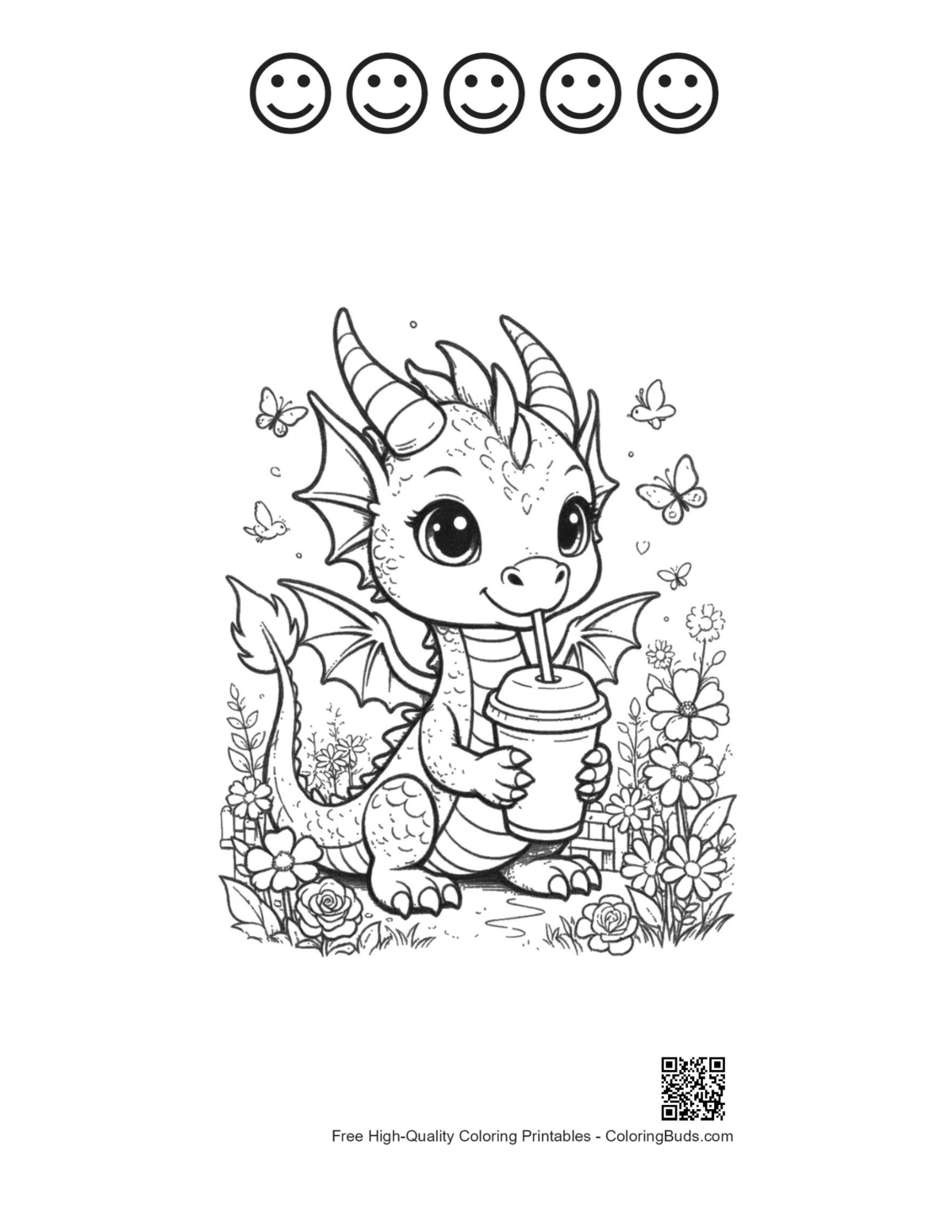 Fire dragon enjoying smoothie with happy faces printable