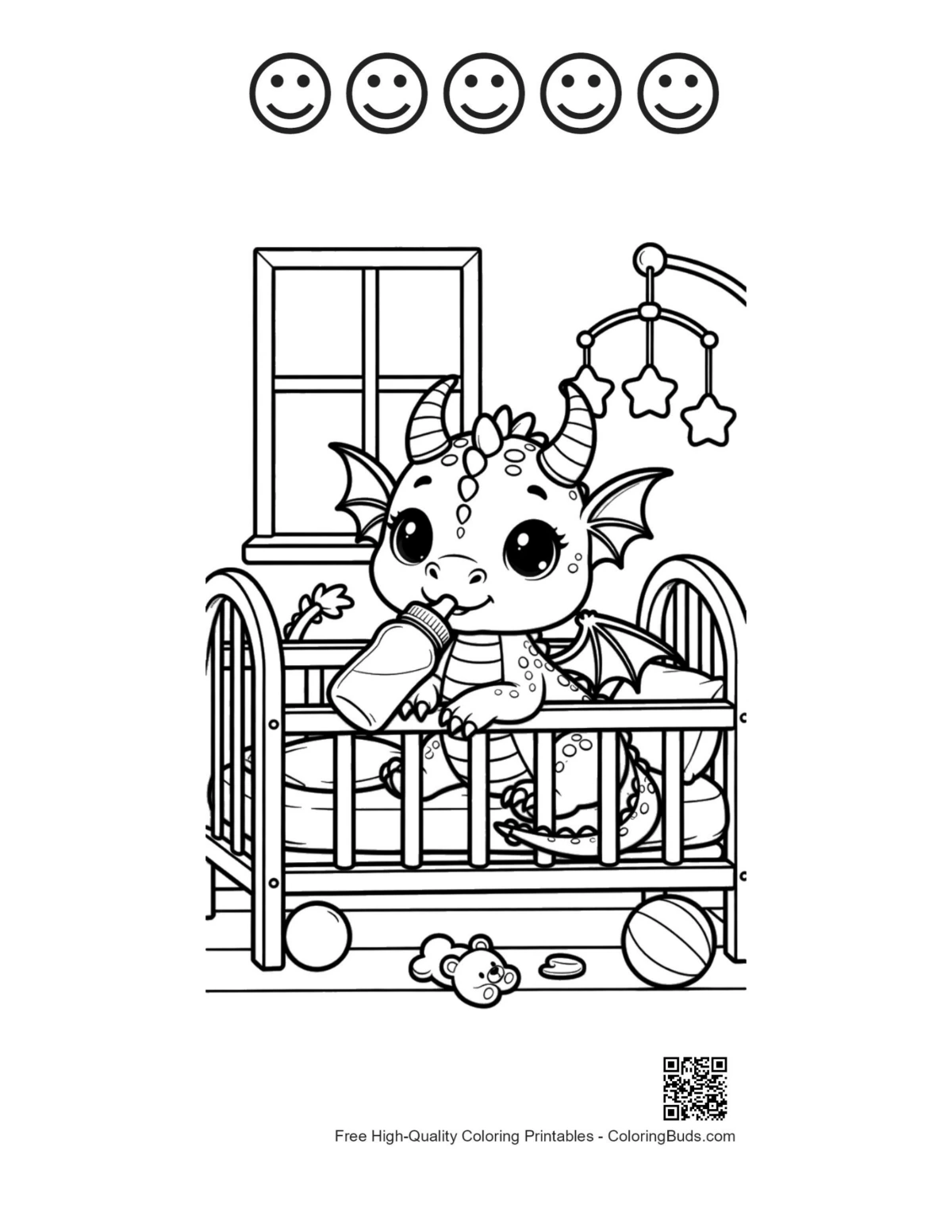 Printable baby dragon resting with 5 happy faces outlines