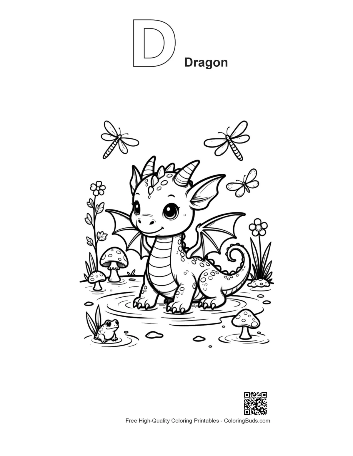 Outline alphabet D baby dragon butterfly coloring printable