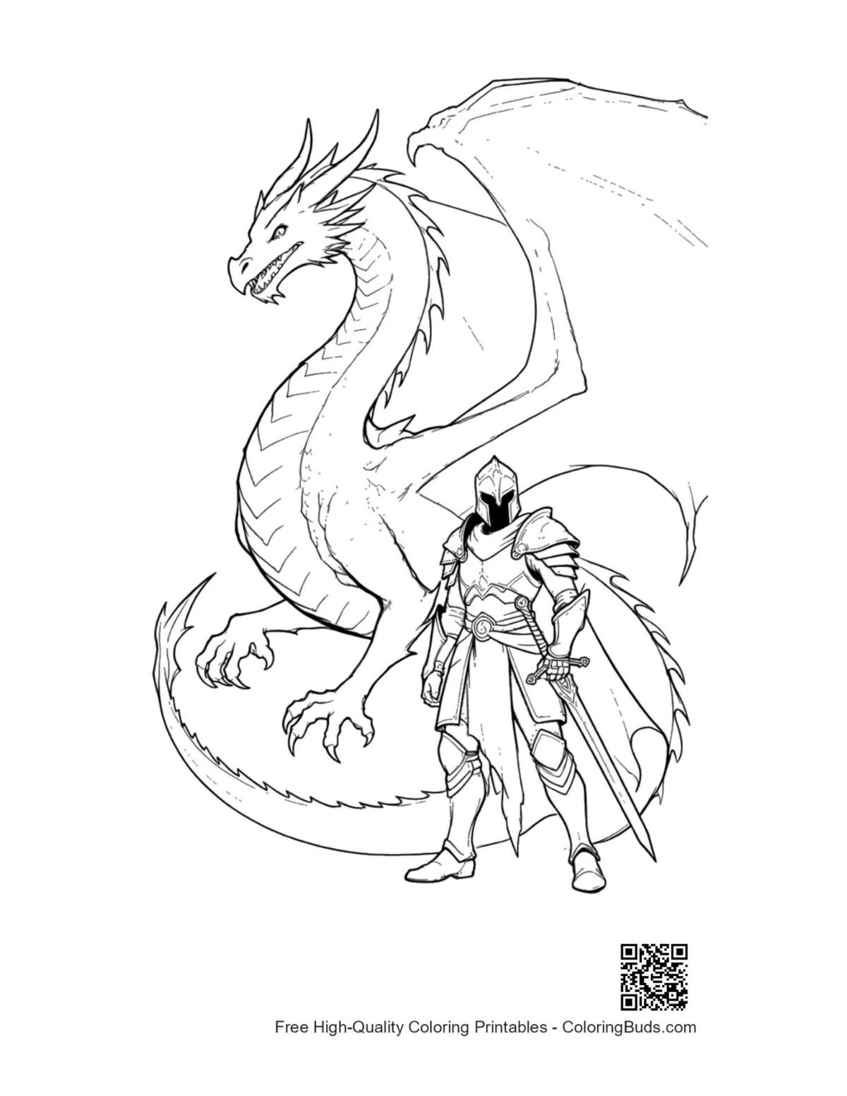 Mighty fire dragon and knight line art