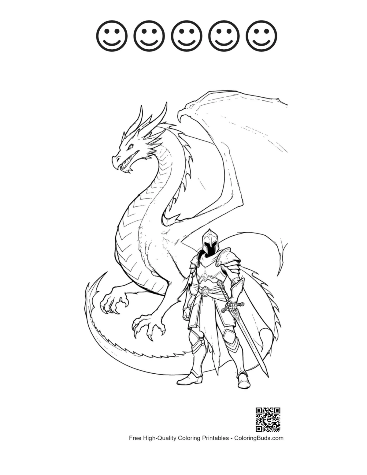 Fire dragon knight with 5 happy faces outline