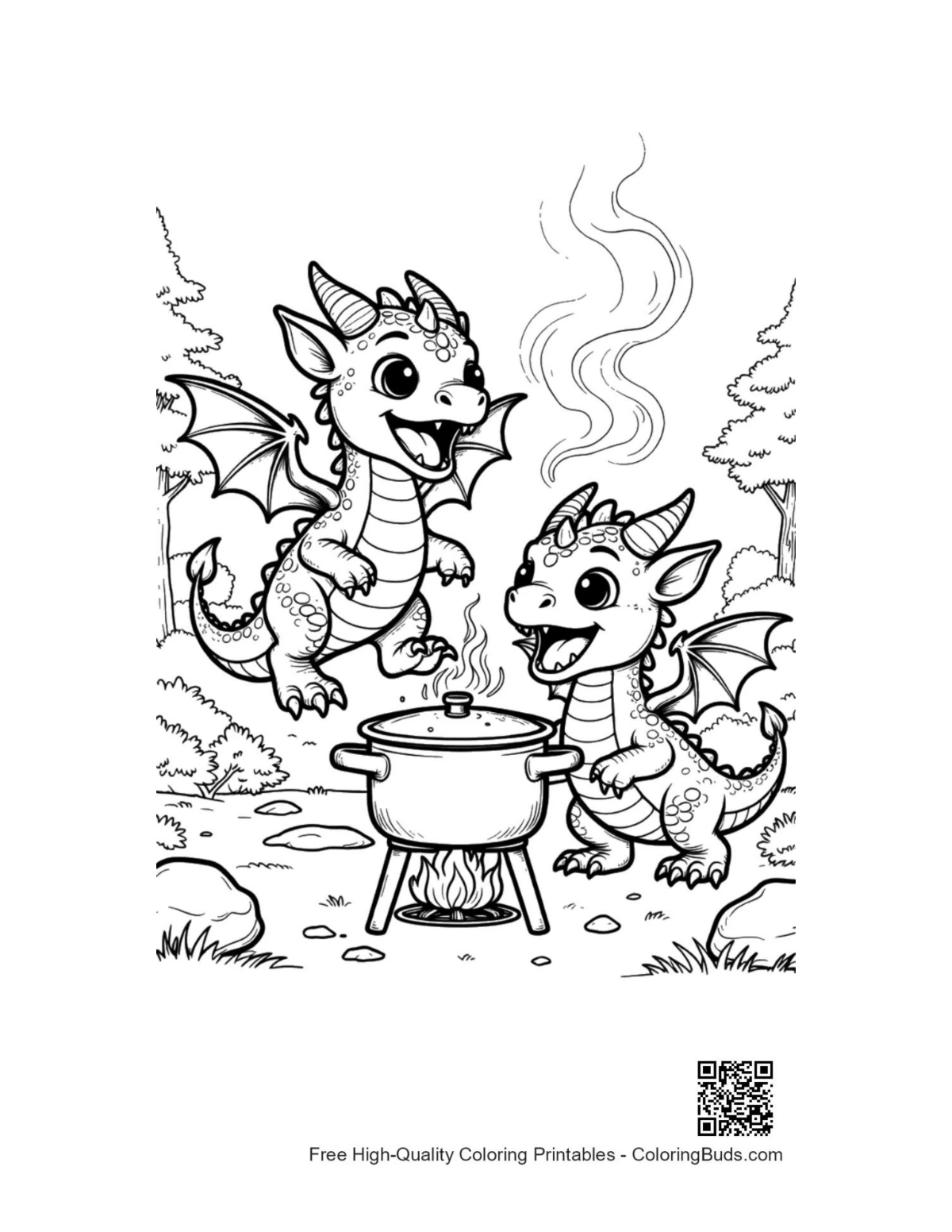 Playful baby dragons near outdoor stove printable