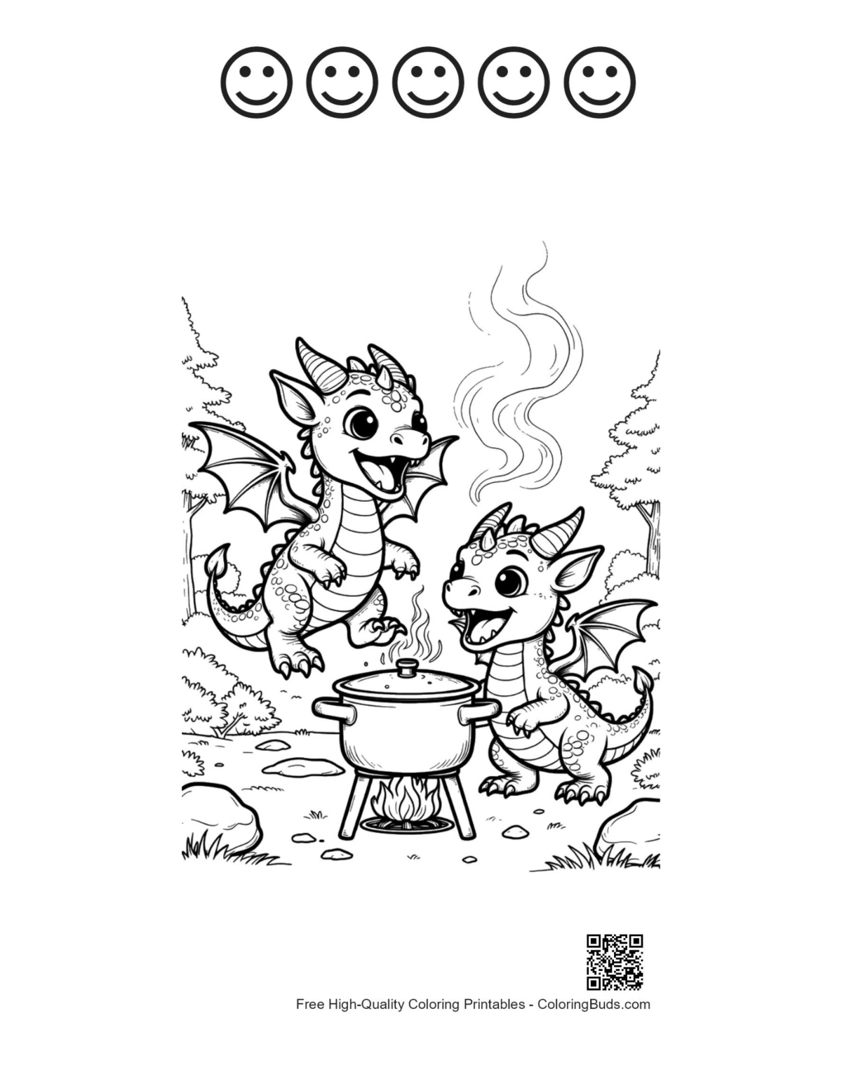 Playful dragons and 5 happy face outlines printable