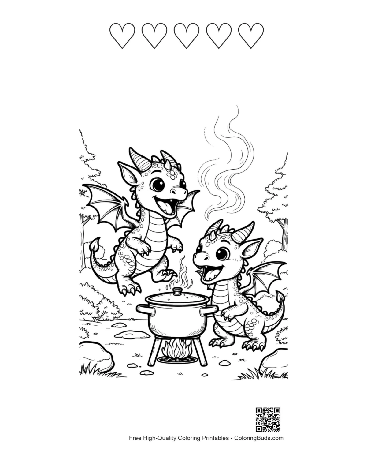 Playful dragons printable with 5 heart outlines