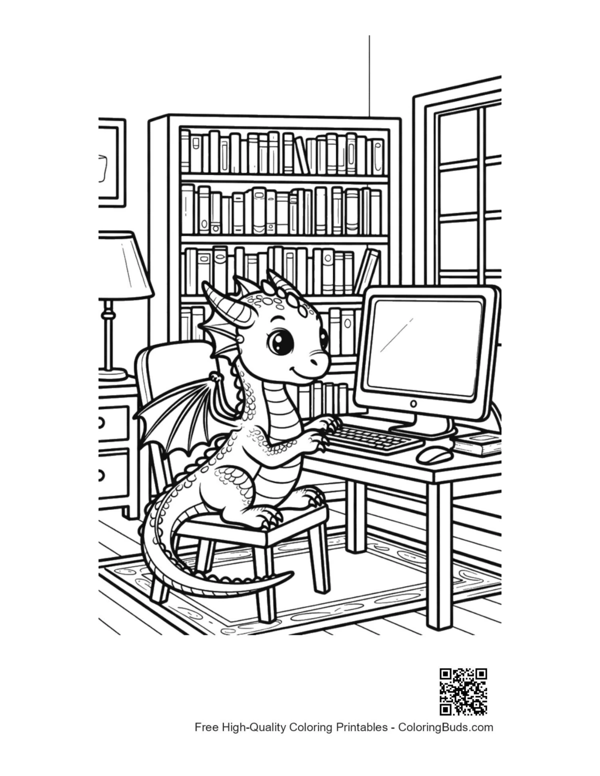 Cute baby dragon playing computer games coloring printable