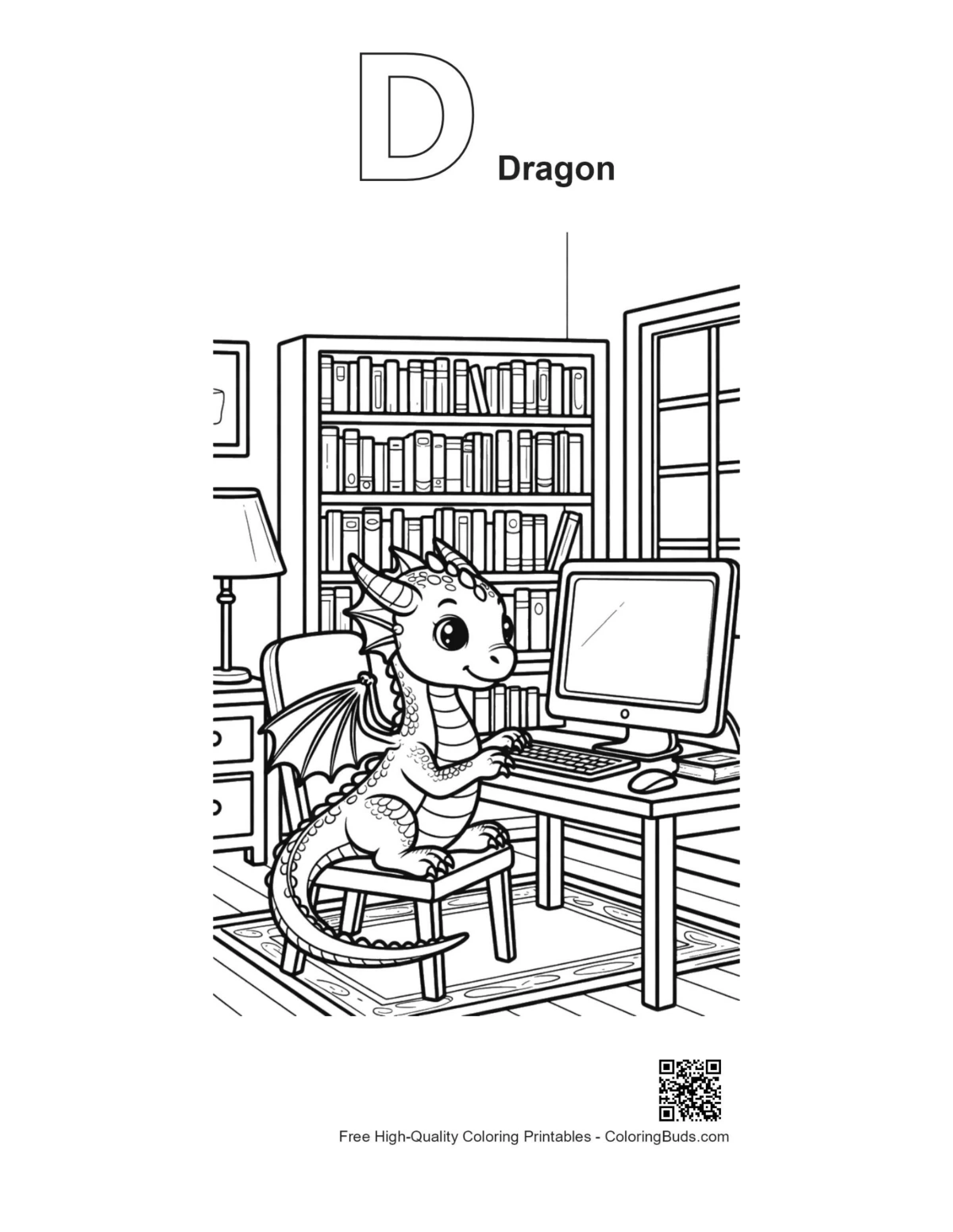 Outline alphabet D dragon gaming printable coloring page