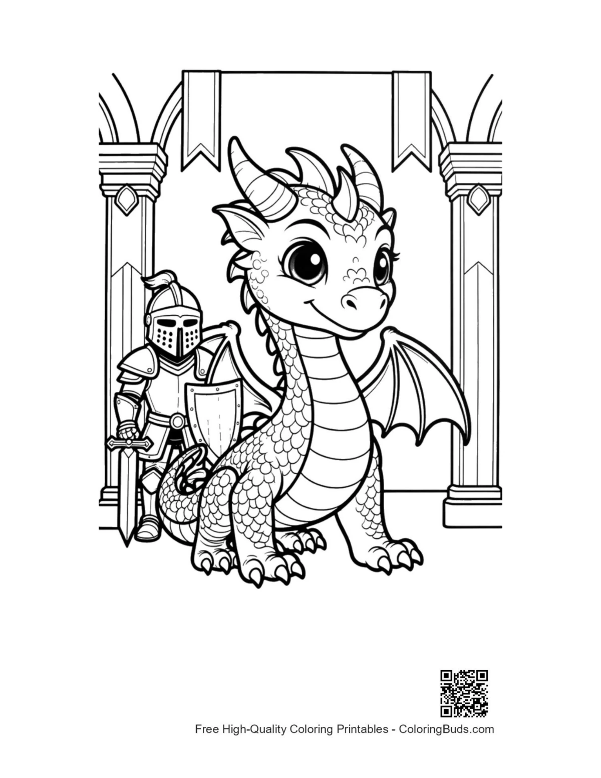 Small fire dragon standing with knight printable coloring page