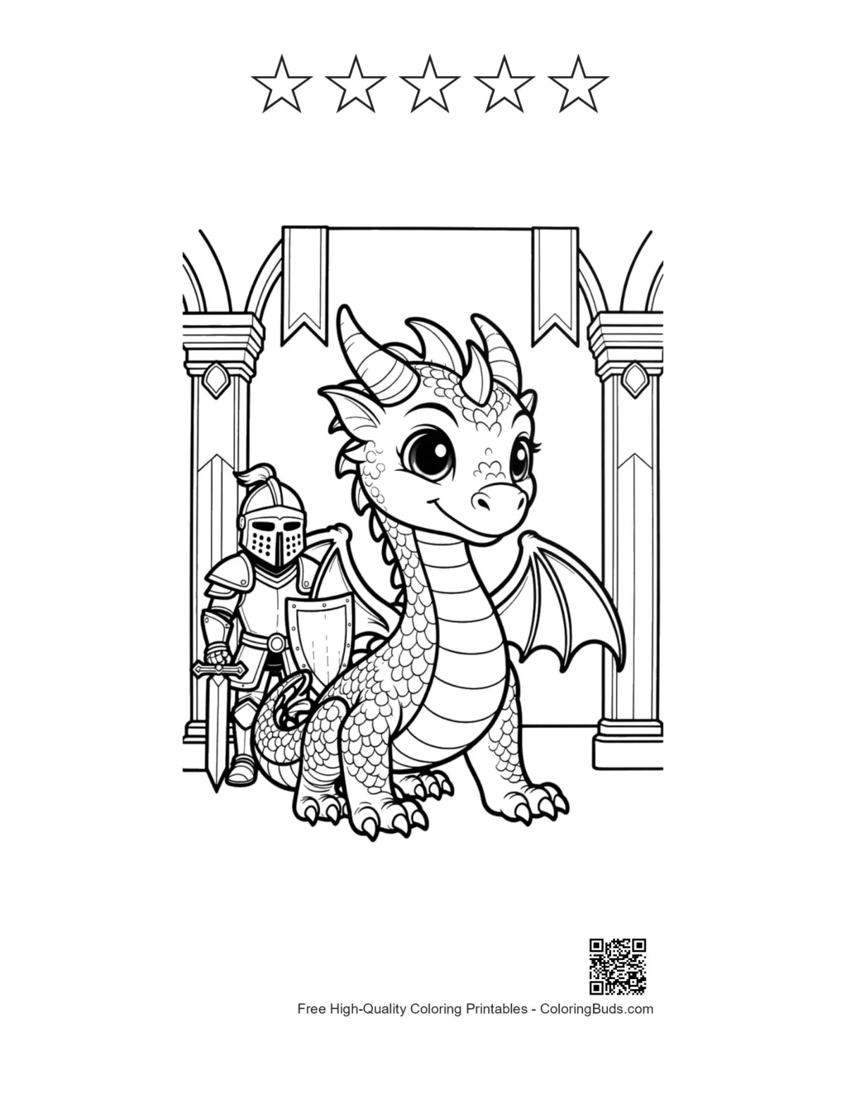 Small fire dragon knight printable with 5 stars outline