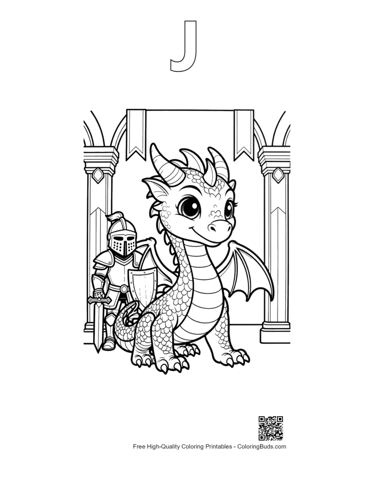 Fire dragon knight printable outline with alphabet J