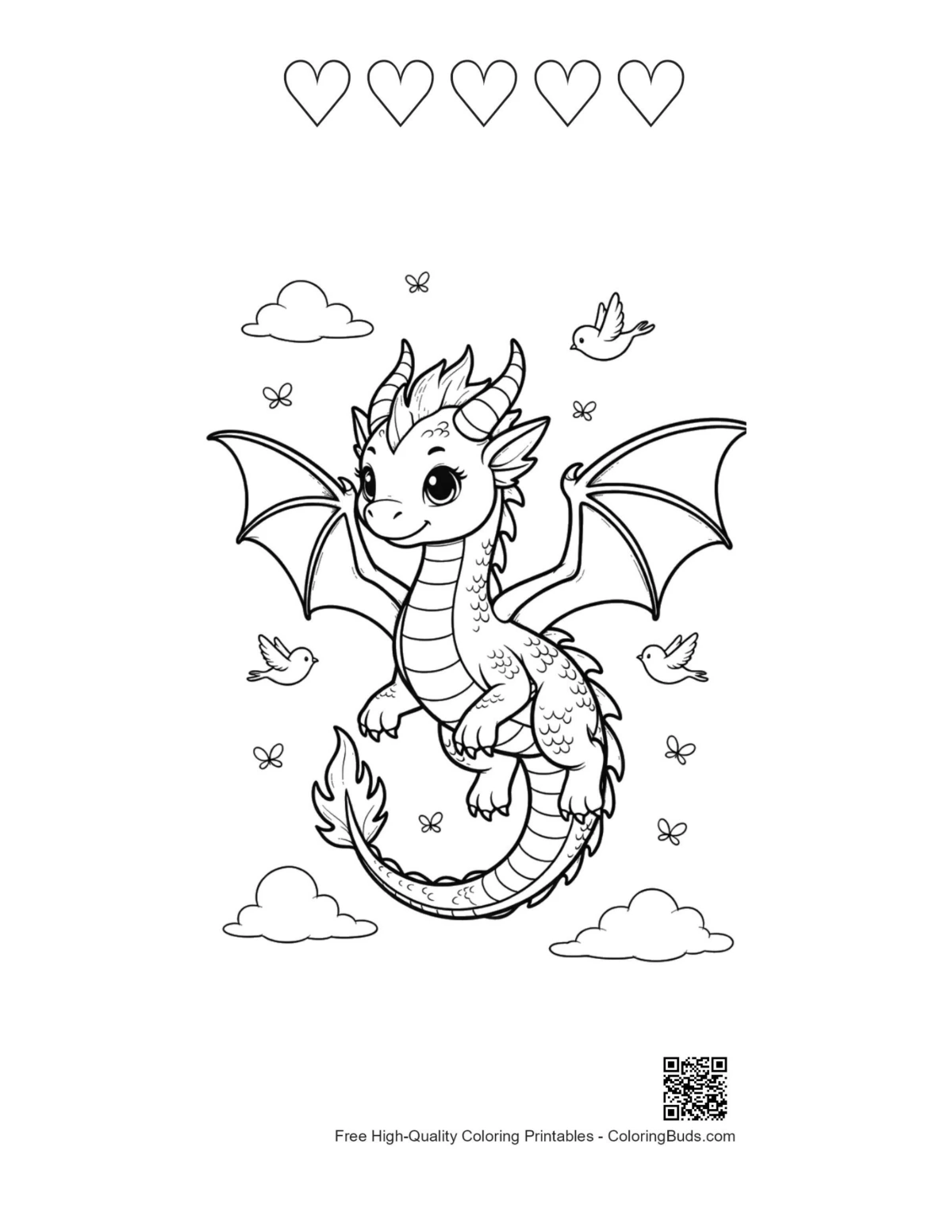 Winged fire dragon printable 5 heart outlines sunny sky