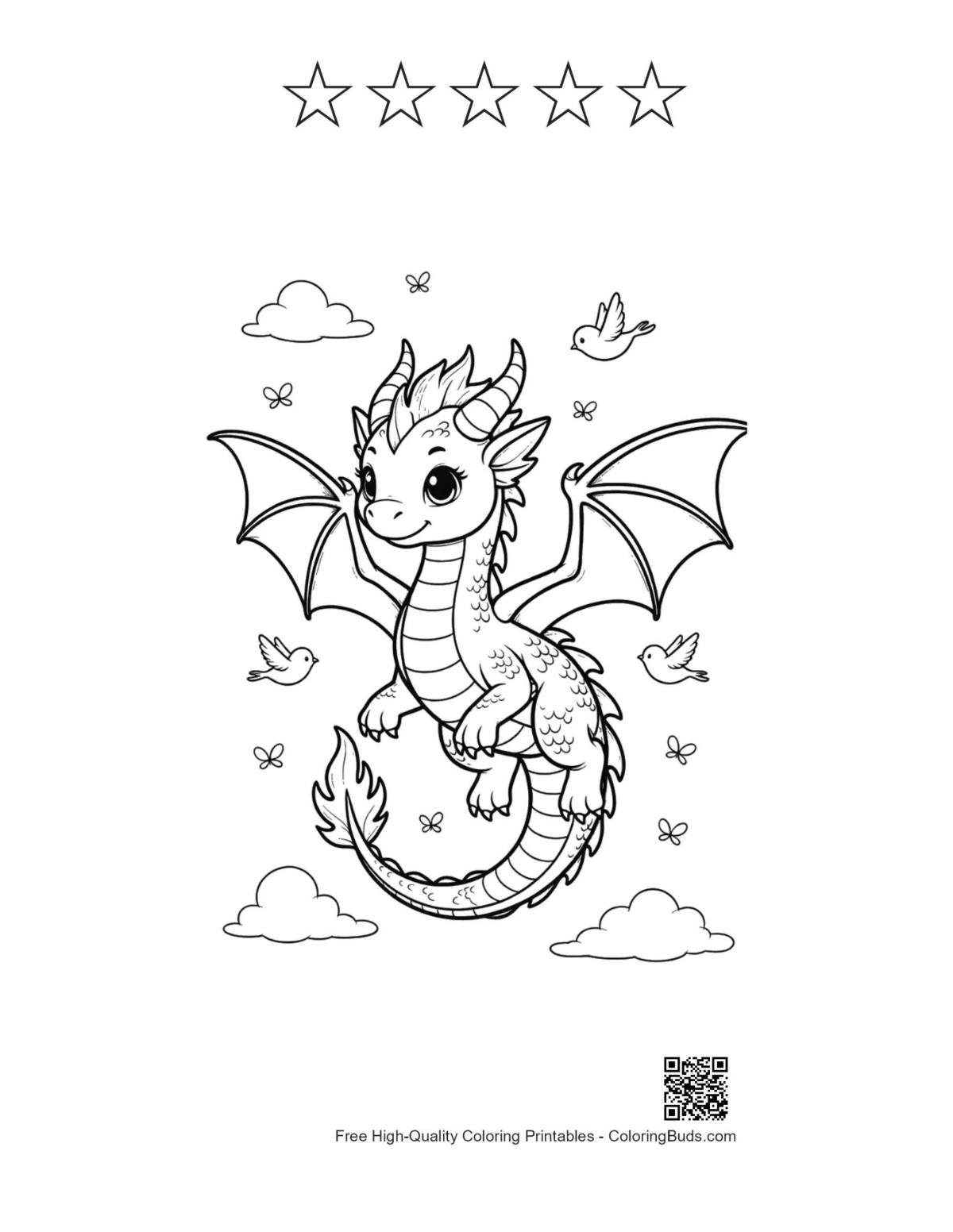 Fire dragon printable with 5 star outlines sunny sky