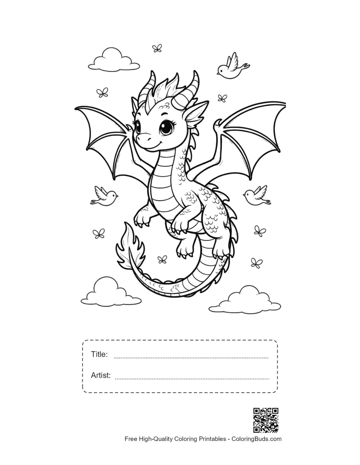 Small winged fire dragon printable with title artist box
