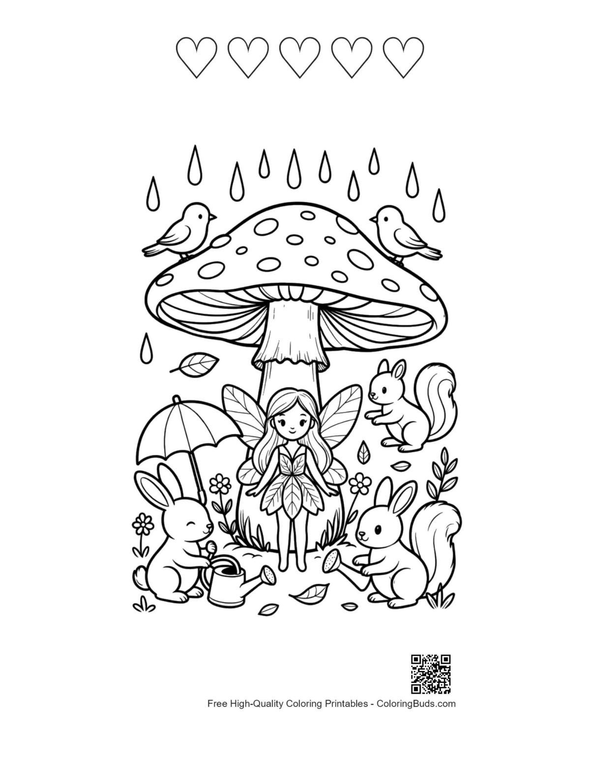Garden fairy printable with 5 heart outlines in rain