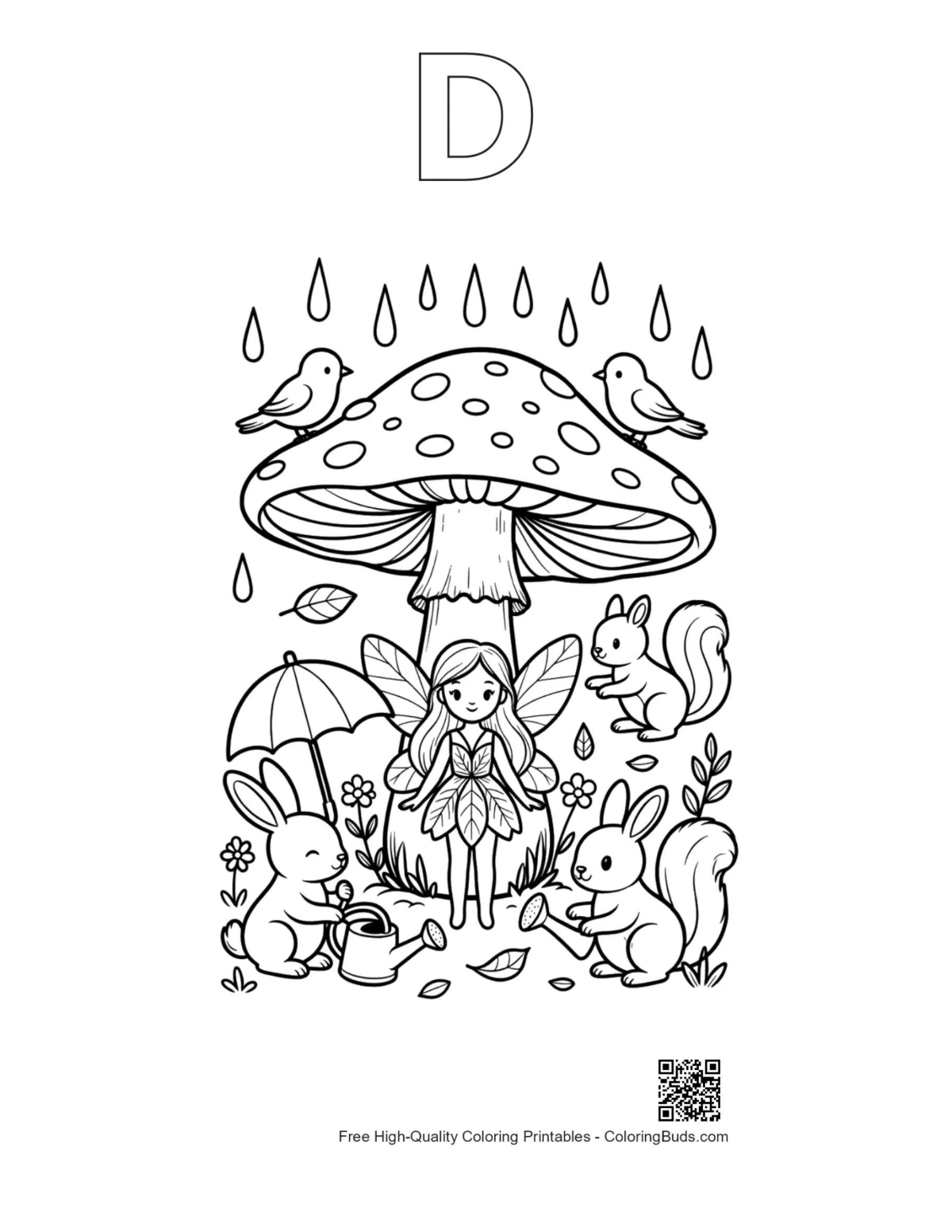 Fairy mushroom rain printable with alphabet D outline